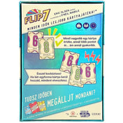 Flip 7 társasjáték dobozának hátoldala, a játékszabályok rövid magyarázatával, pontozási példával, akciókártya-illusztrációkkal, játékidő és korosztály jelöléssel.