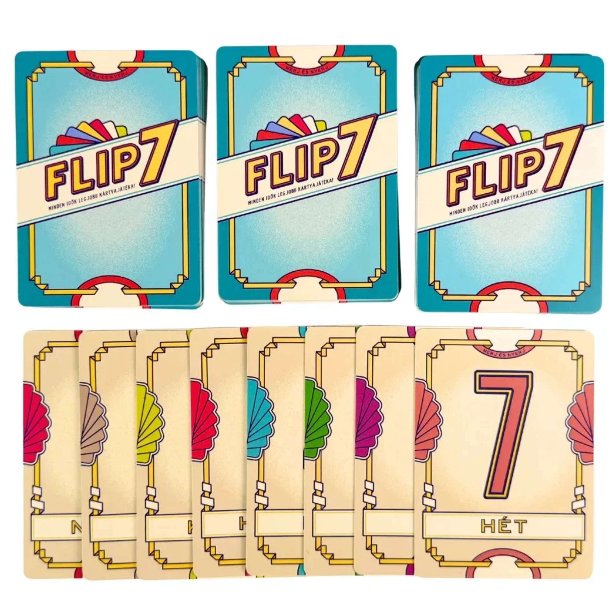 Flip 7 magyar nyelvű társasjáték számozott kártyái szétterítve, felül a kártyahátlapok, alul a színes számlapkák 1-től 7-ig, krém és pasztell keretes dizájnnal.