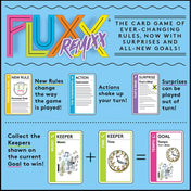 Ez a kép a Fluxx Remixx társasjáték szabályait és játékmenetét mutatja be. A különböző kártyatípusok – mint az új szabályok, akciók, meglepetések és célok – a játék dinamikáját formálják. A játékosoknak az aktuális célok szerint kell gyűjteniük a megfelelő Keeper kártyákat, hogy megnyerjék a játékot. A meglepetések pedig váratlan fordulatokat hozhatnak, és akár a saját körükön kívül is kijátszhatók. A színes kártyák és világos utasítások segítenek abban, hogy a játék még szórakoztatóbbá váljon.