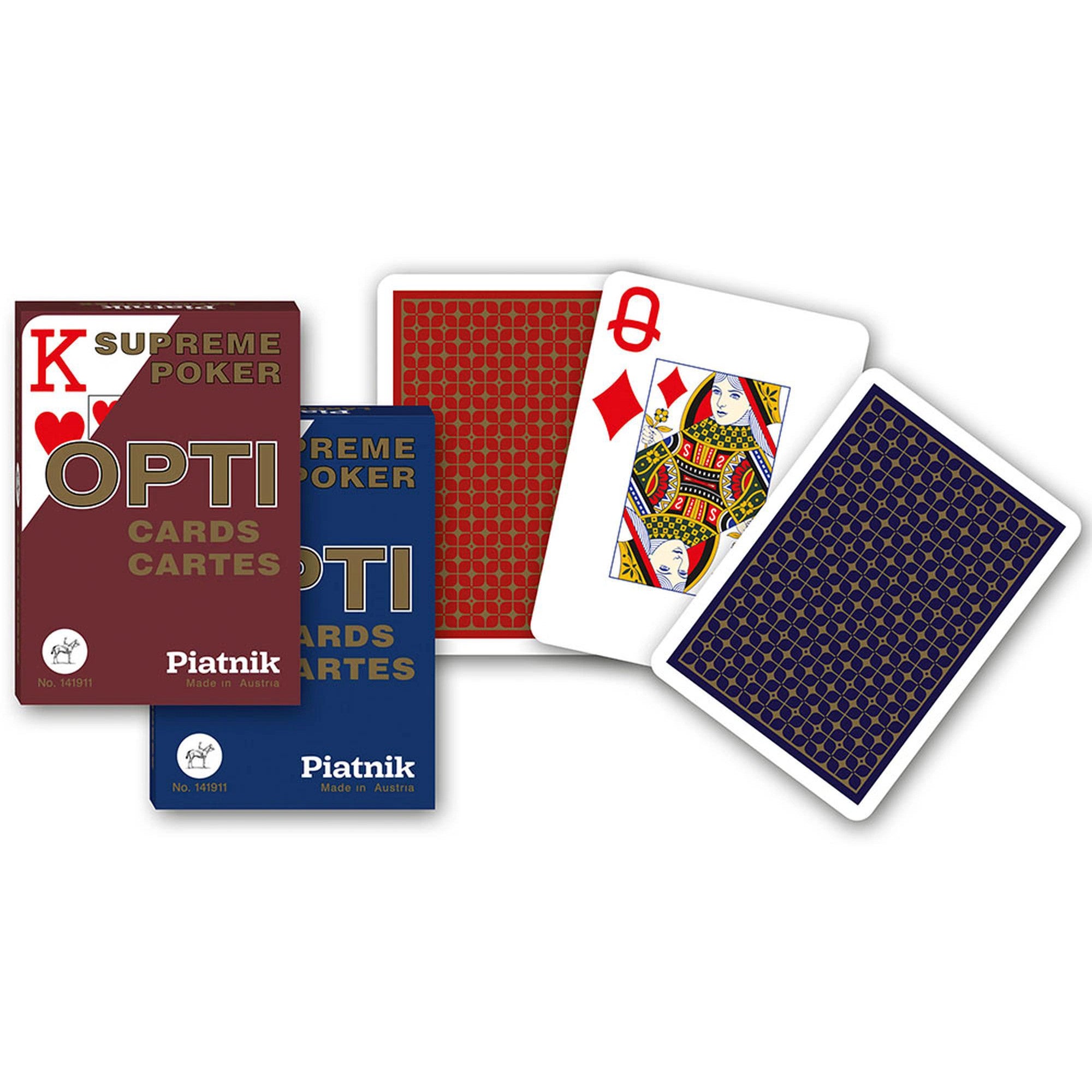Piatnik Opti Supreme Poker francia kártya készlet piros és kék dobozban, királynő kártyalappal és mintás hátlapokkal.