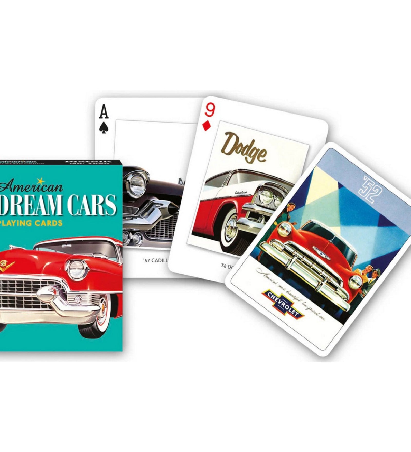 American Dream Cars tematikájú francia kártya készlet klasszikus amerikai autókkal és retro járműgrafikákkal díszített lapokkal.