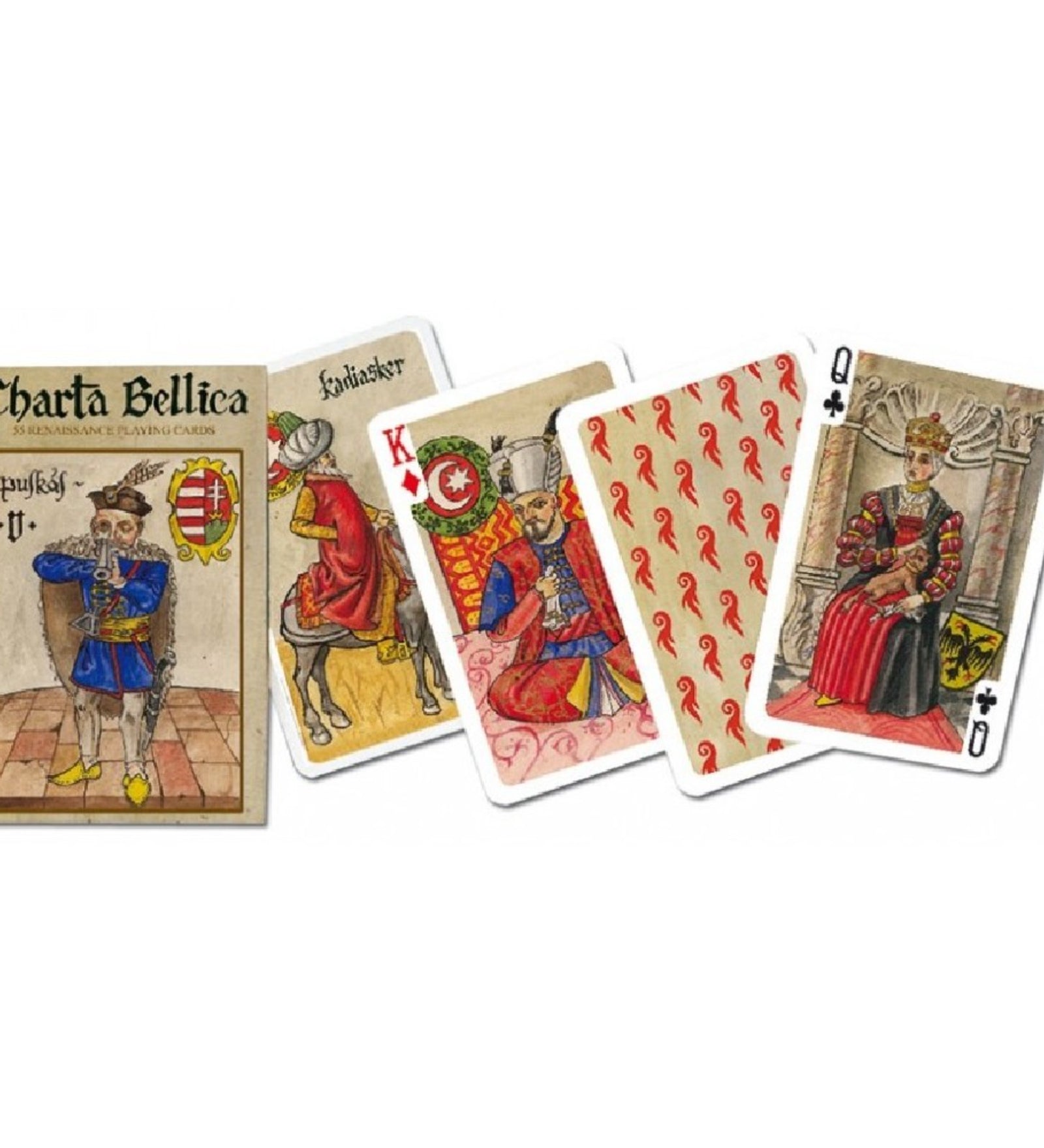 Charta Bellica tematikájú francia kártya készlet reneszánsz stílusú illusztrációkkal, történelmi alakokat és jeleneteket ábrázoló lapokkal.