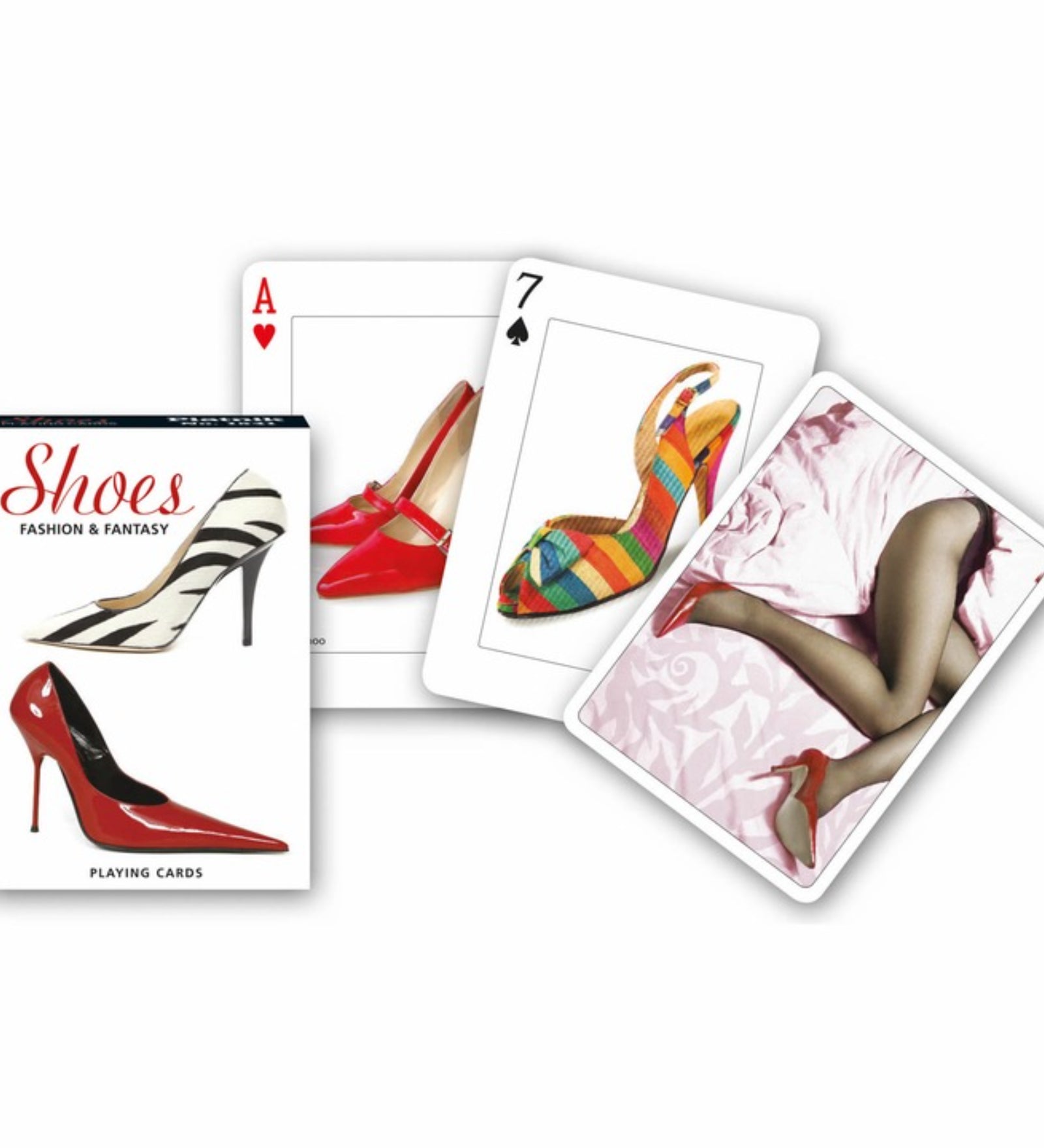 Francia kártya 1x55-ös „Shoes – Fashion & Fantasy” készlet dobozzal, elegáns női cipőket és divatfotókat ábrázoló grafikákkal díszített játékkártyákkal.