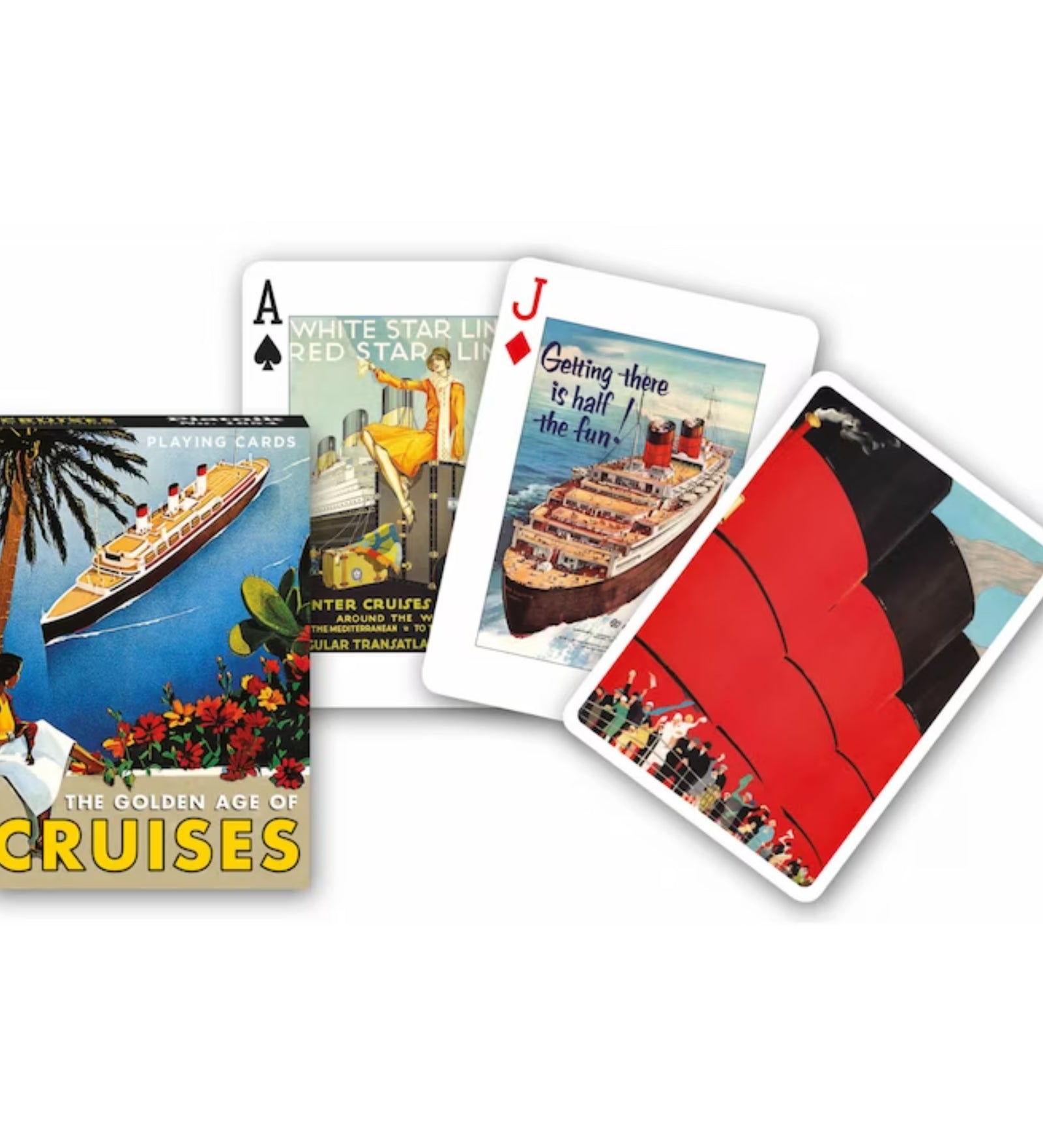 Francia kártya 1x55-ös „Cruise Liners” készlet dobozzal, óceánjáró hajókat és tengeri utazásokat ábrázoló grafikákkal díszített játékkártyákkal.