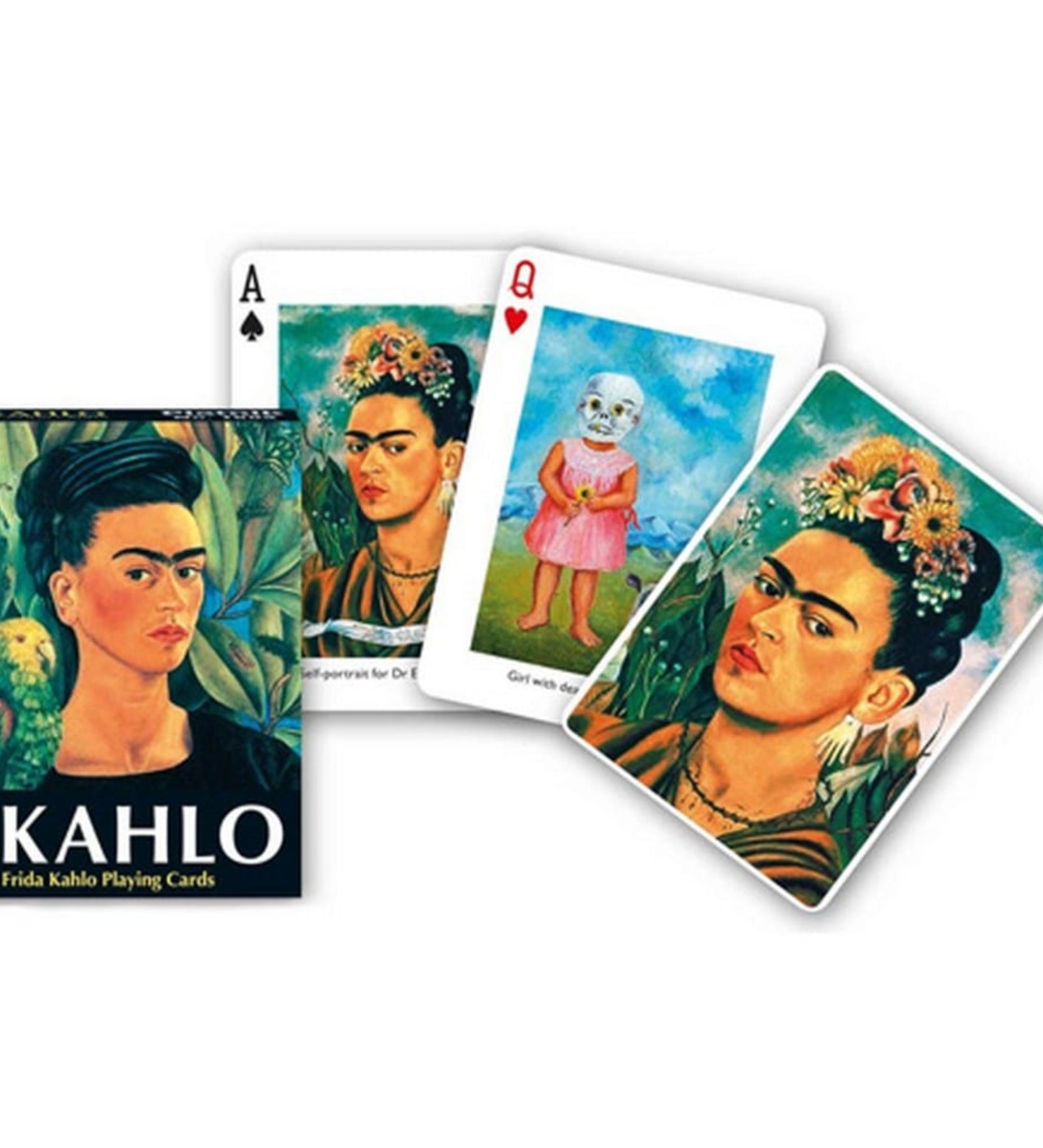 Francia kártya 1x55-ös „Frida Kahlo” készlet dobozzal, jellegzetes önarcképeket és színes művészeti motívumokat ábrázoló grafikákkal.