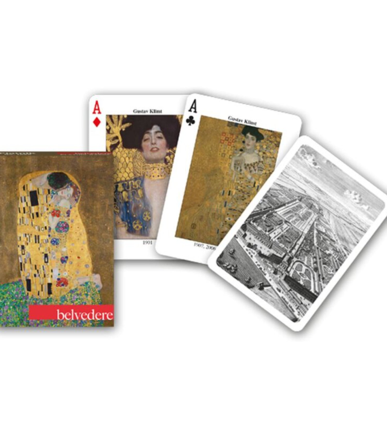 Francia kártya 1x55-ös „Klimt Belvedere” készlet dobozzal, Gustav Klimt arany tónusú festményeit és művészeti motívumait ábrázoló grafikákkal.