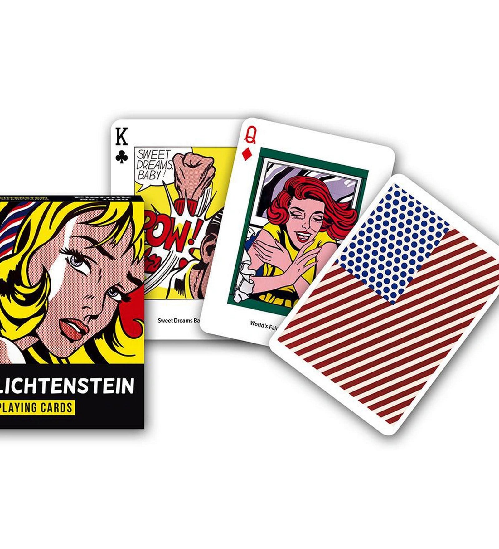 Francia kártya 1x55-ös „Lichtenstein” készlet dobozzal, pop-art stílusú képregényes grafikákat és élénk színeket ábrázoló lapokkal.
