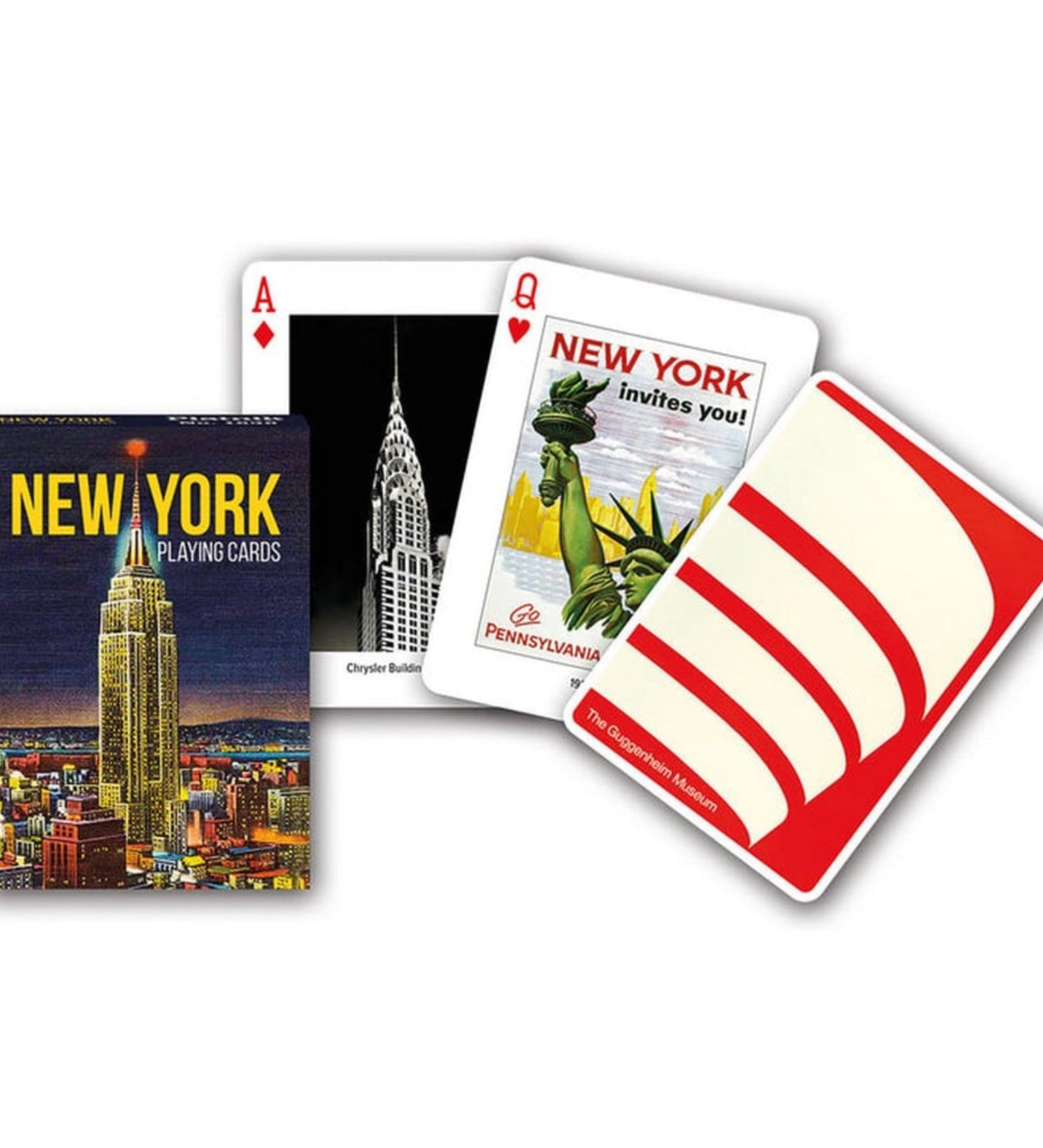 New York tematikájú francia kártya készlet, városi látványosságokkal és ikonikus épületekkel díszített lapokkal.