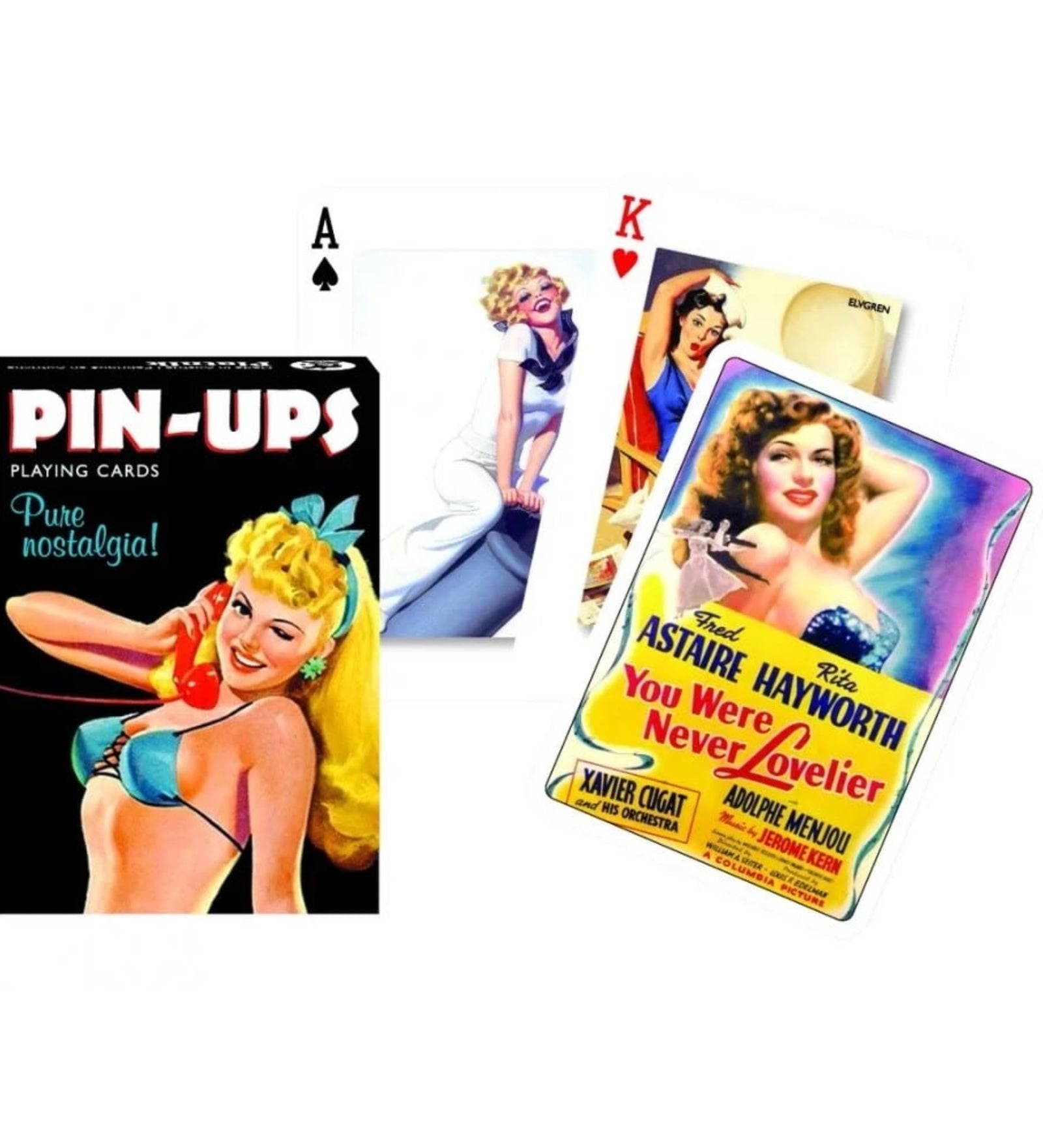 Francia kártya 1x55-ös „Pin-Ups” készlet dobozzal, retro stílusú pin-up lányokat ábrázoló színes, nosztalgikus grafikákkal.
