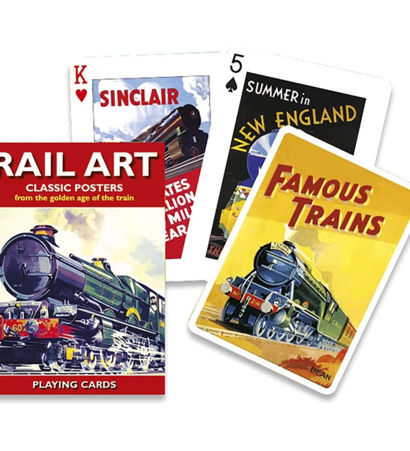 Rail Art tematikájú francia kártya készlet klasszikus vonatos plakátokkal és vintage mozdonyokat ábrázoló lapokkal.