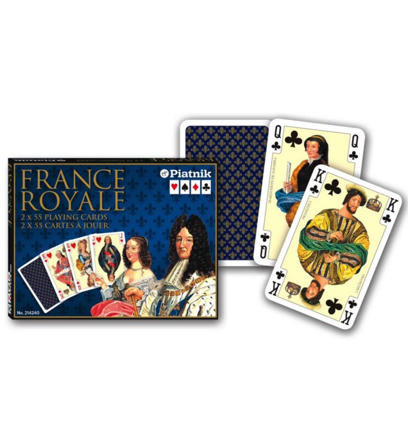 Francia kártya 2x55-ös „France Royale” készlet díszdobozzal, francia királyi portrékat és elegáns heraldikai motívumokat ábrázoló grafikákkal.