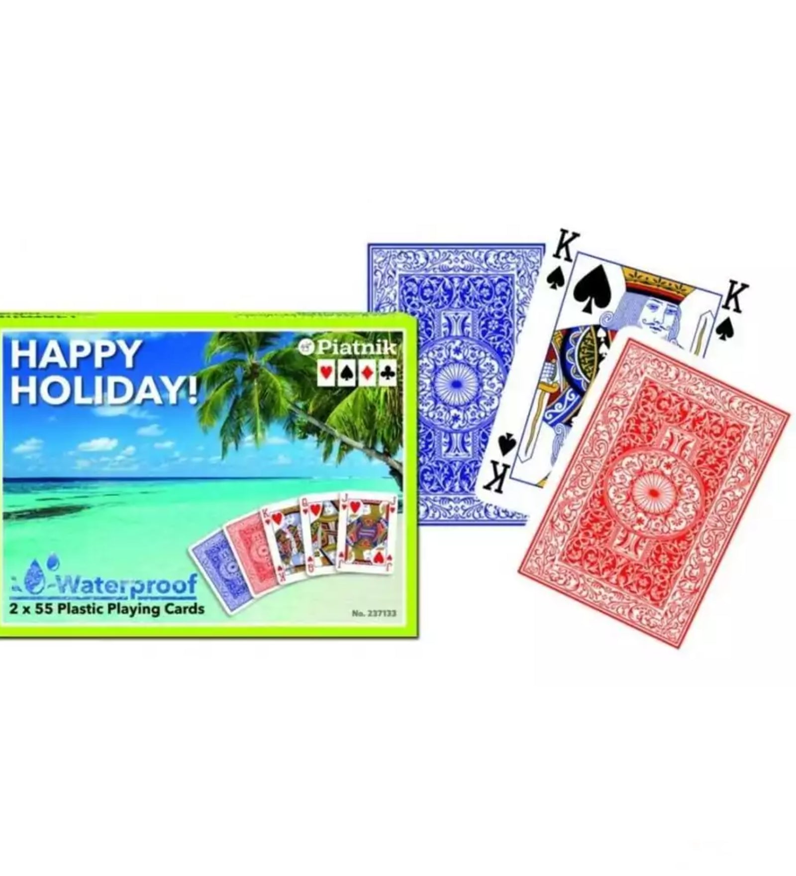 Francia kártya 2x55-ös „Happy Holiday” készlet műanyag kivitelben, vízálló lapokkal és klasszikus mintás hátlappal.