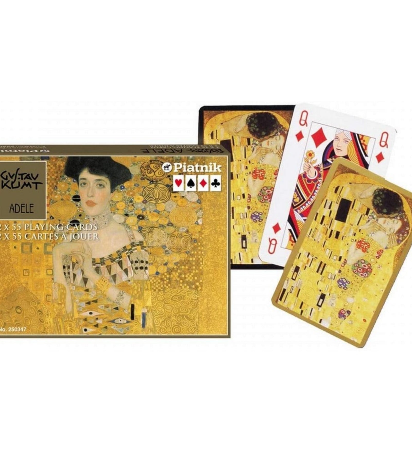 Francia kártya 2x55-ös „Klimt Adele” készlet díszdobozzal, arany tónusú Gustav Klimt festményrészletekkel és elegáns művészi grafikával.