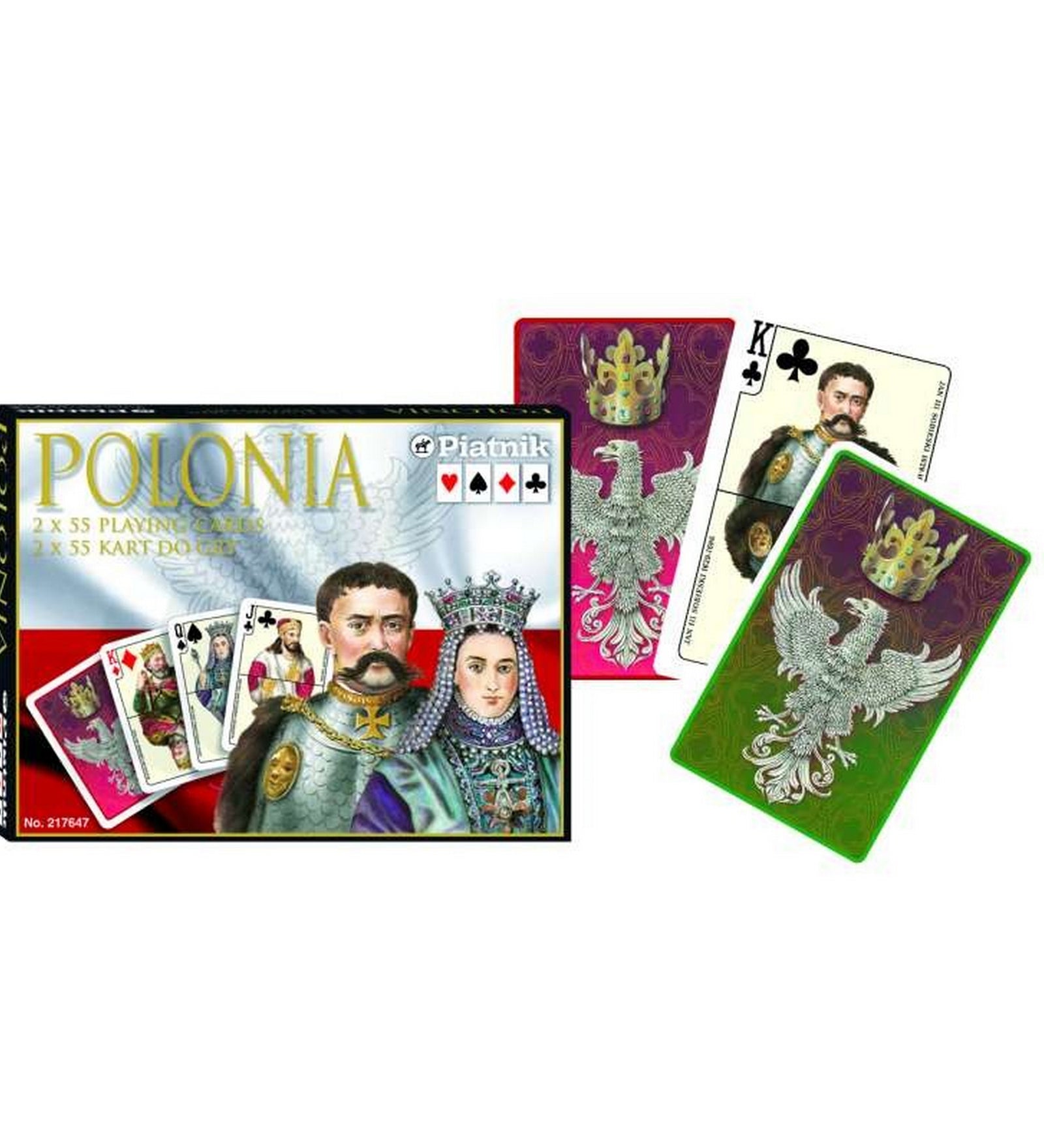 Francia kártya 2x55-ös „Polonia” készlet díszdobozzal, lengyel királyi portrékat és címeres motívumokat ábrázoló grafikákkal.