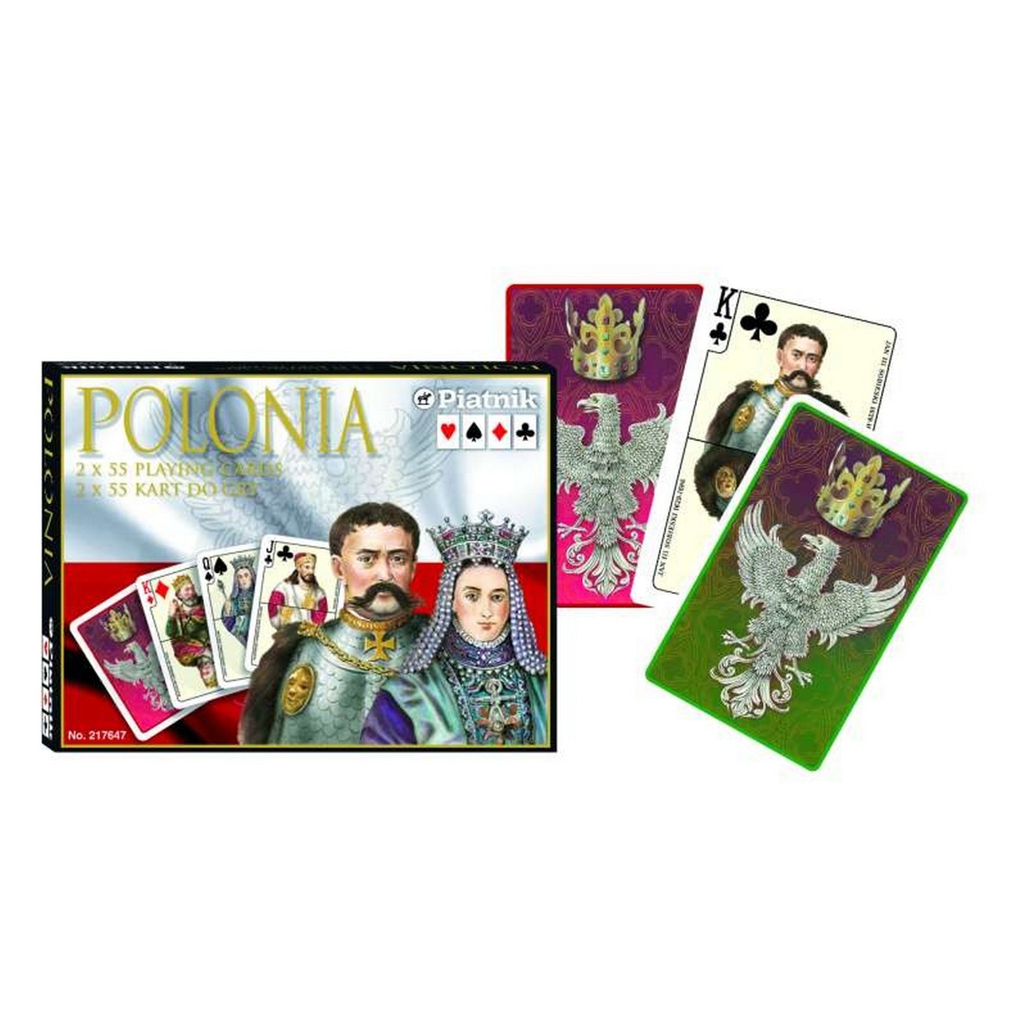 Francia kártya 2x55-ös „Polonia” készlet díszdobozzal, lengyel királyi portrékat és címeres motívumokat ábrázoló grafikákkal.