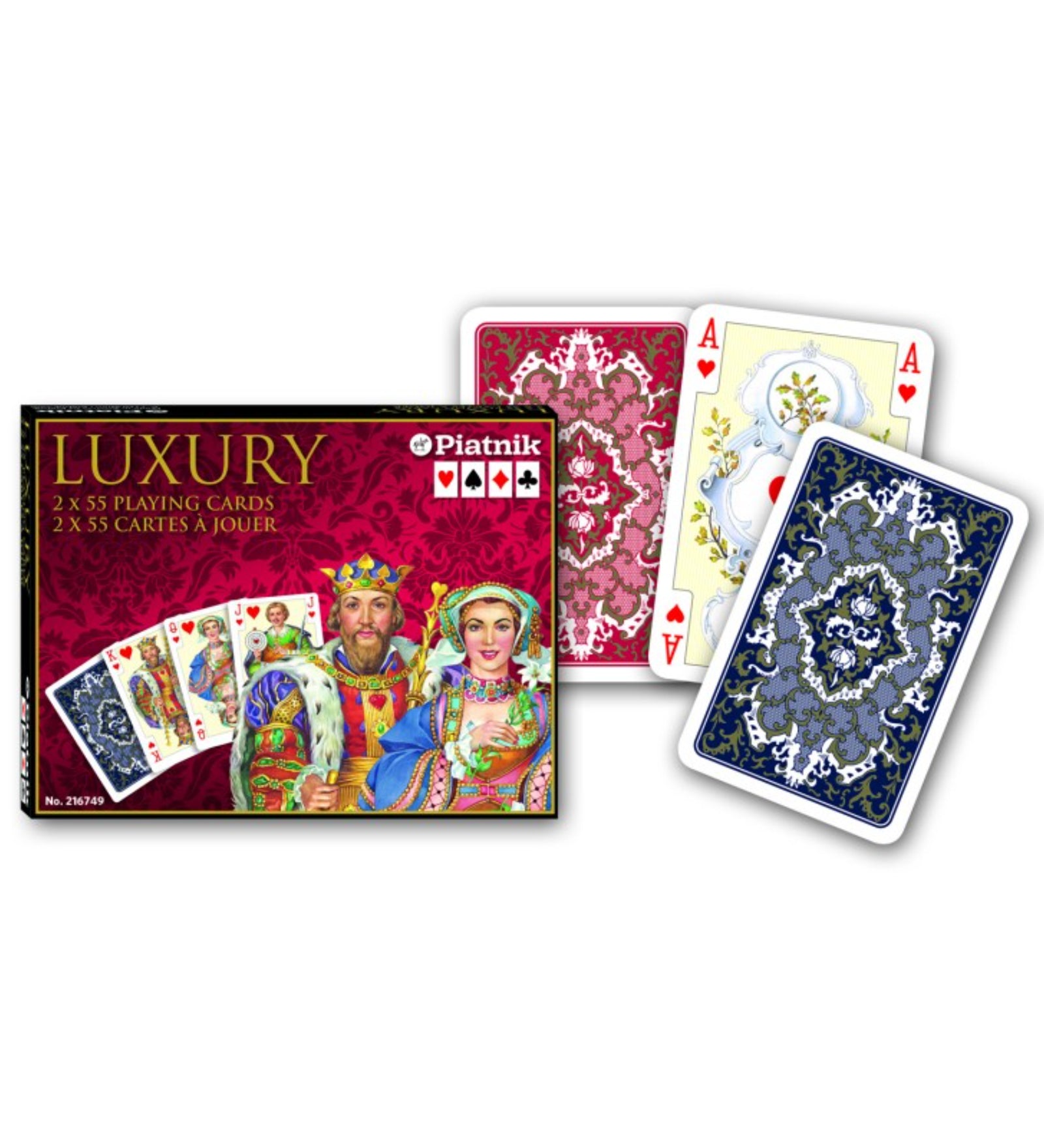 Francia kártya 2x55-ös „Luxury” készlet díszdobozzal, gazdagon díszített ornamentikus mintákkal és elegáns királyi grafikákkal.