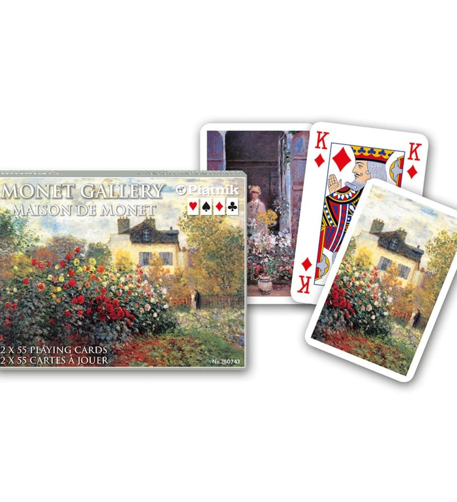 Francia kártya 2x55-ös „Monet Gallery – Maison de Monet” készlet díszdobozzal, Claude Monet festményeit és virágos kertjeit ábrázoló, művészi grafikájú játékkártyákkal.