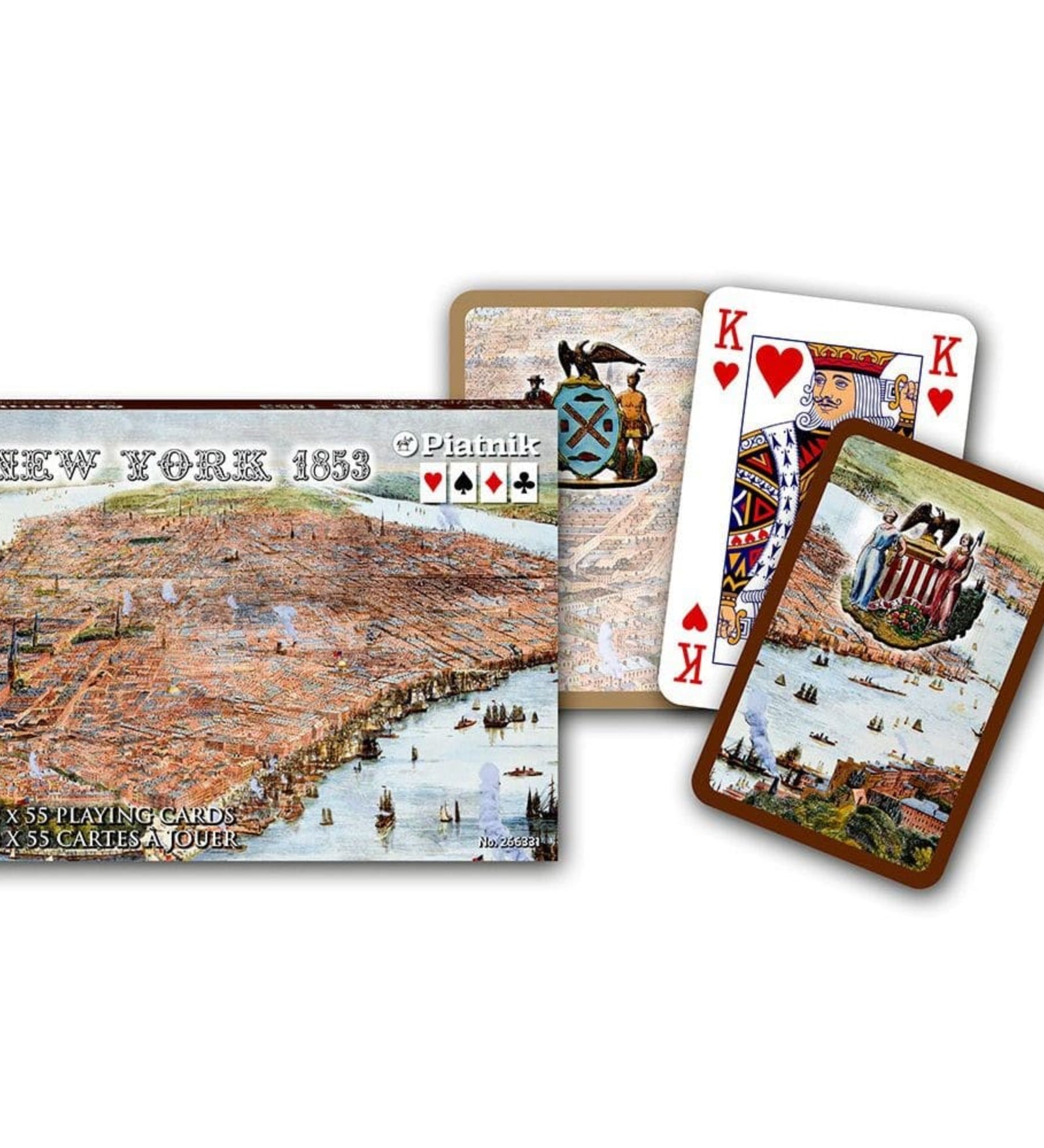 Francia kártya 2x55-ös „New York 1853” készlet díszdobozzal, történelmi térképekkel és korabeli New York látképekkel díszített játékkártyákkal.