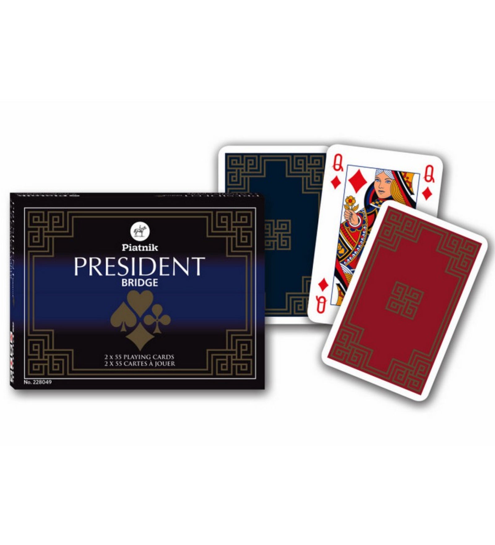 Francia kártya 2x55-ös „President Bridge” készlet díszdobozban, elegáns geometrikus mintájú hátlappal és klasszikus figurás lapokkal.