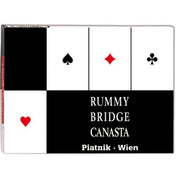 Piatnik Rummy Bridge Canasta kártya készlet doboza letisztult fekete-fehér dizájnnal, kártyaszimbólumokkal és felirattal.