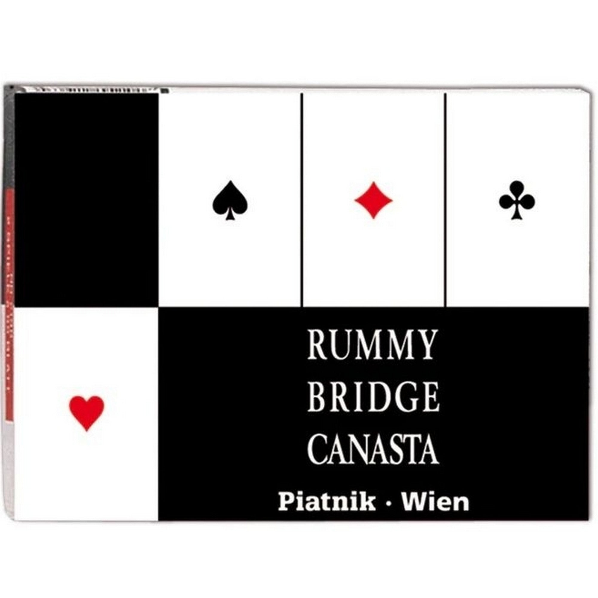 Piatnik Rummy Bridge Canasta kártya készlet doboza letisztult fekete-fehér dizájnnal, kártyaszimbólumokkal és felirattal.