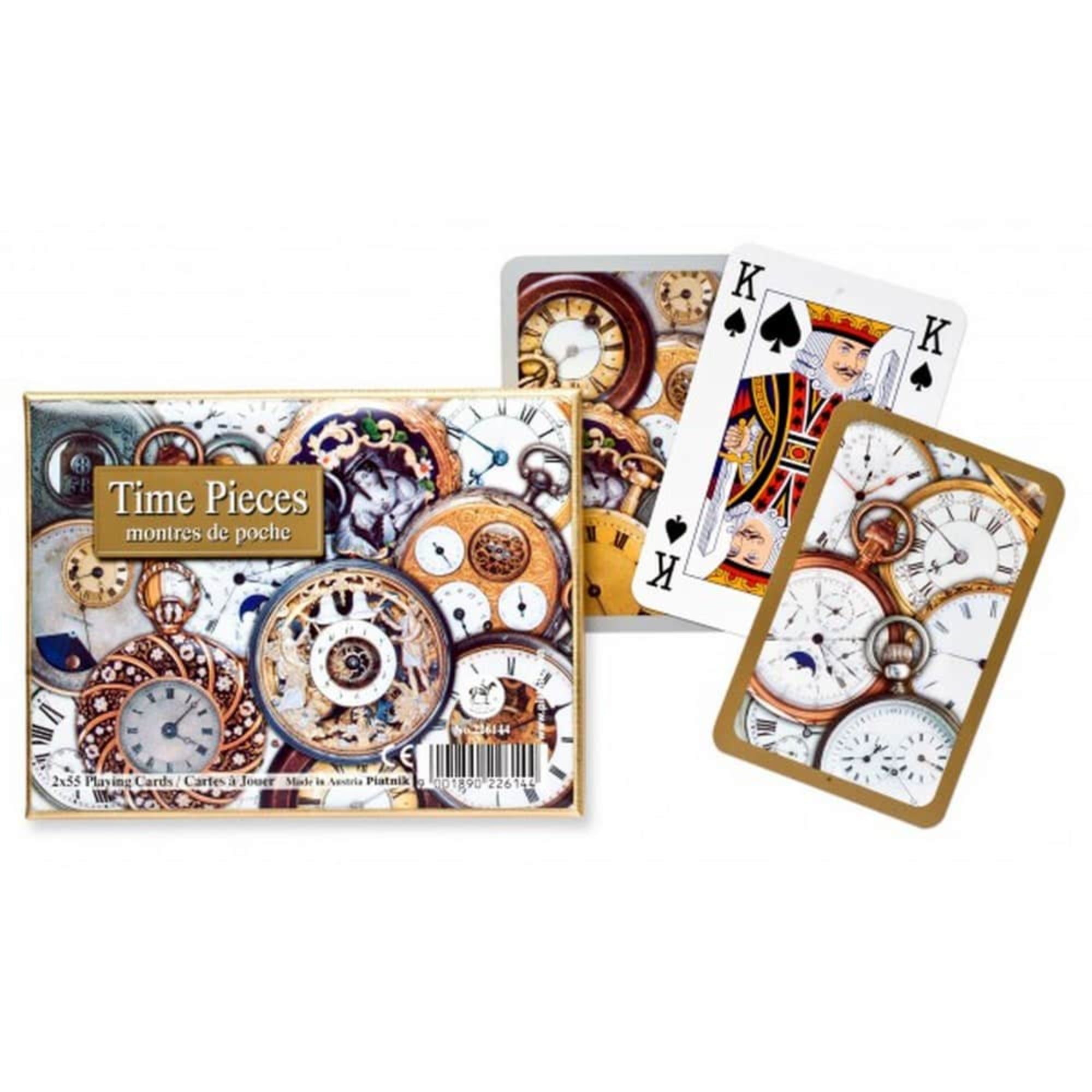 Francia kártya 2x55-ös „Time Pieces” készlet díszdobozzal, klasszikus zsebórákat és óraszerkezeteket ábrázoló részletgazdag grafikákkal díszített játékkártyákkal.
