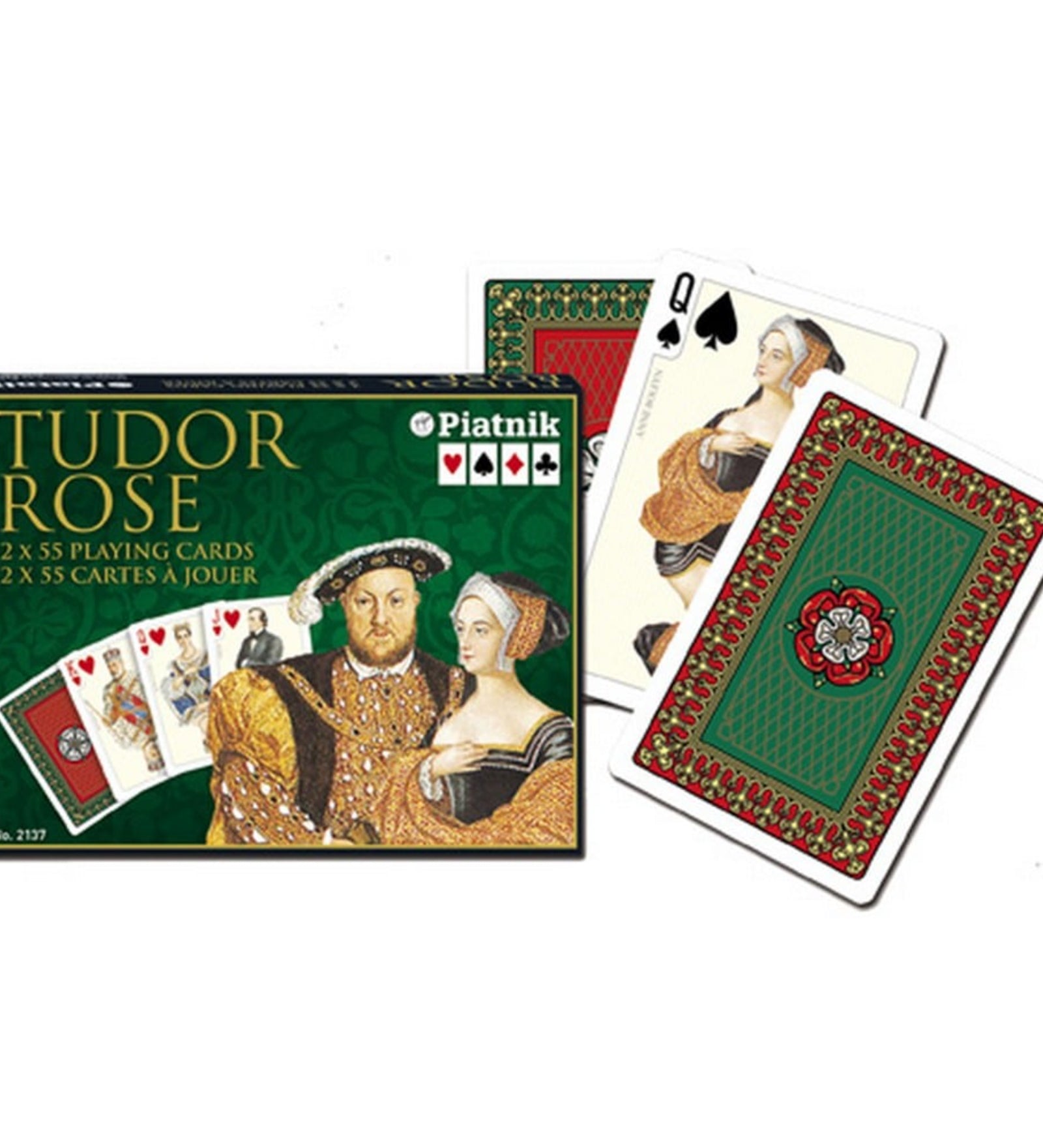 Francia kártya 2x55-ös „Tudor Rose” készlet díszdobozzal, Tudor-kori portrékkal és díszes rózsamintás hátlappal.