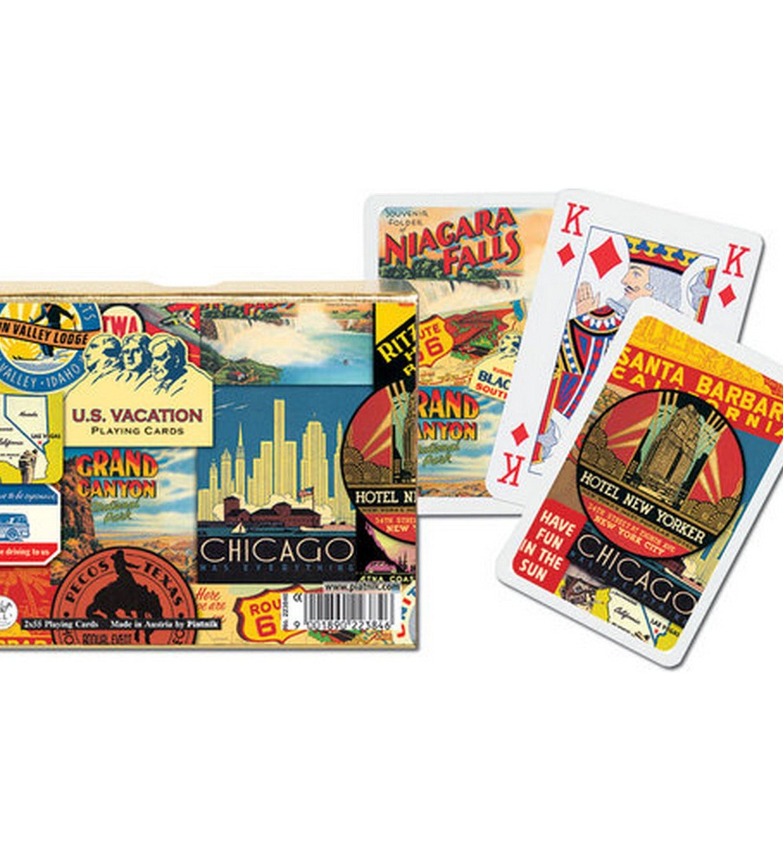 Francia kártya 2x55-ös „U.S. Vacation” készlet díszdobozzal, vintage amerikai utazási plakátokat és városmotívumokat ábrázoló grafikákkal.