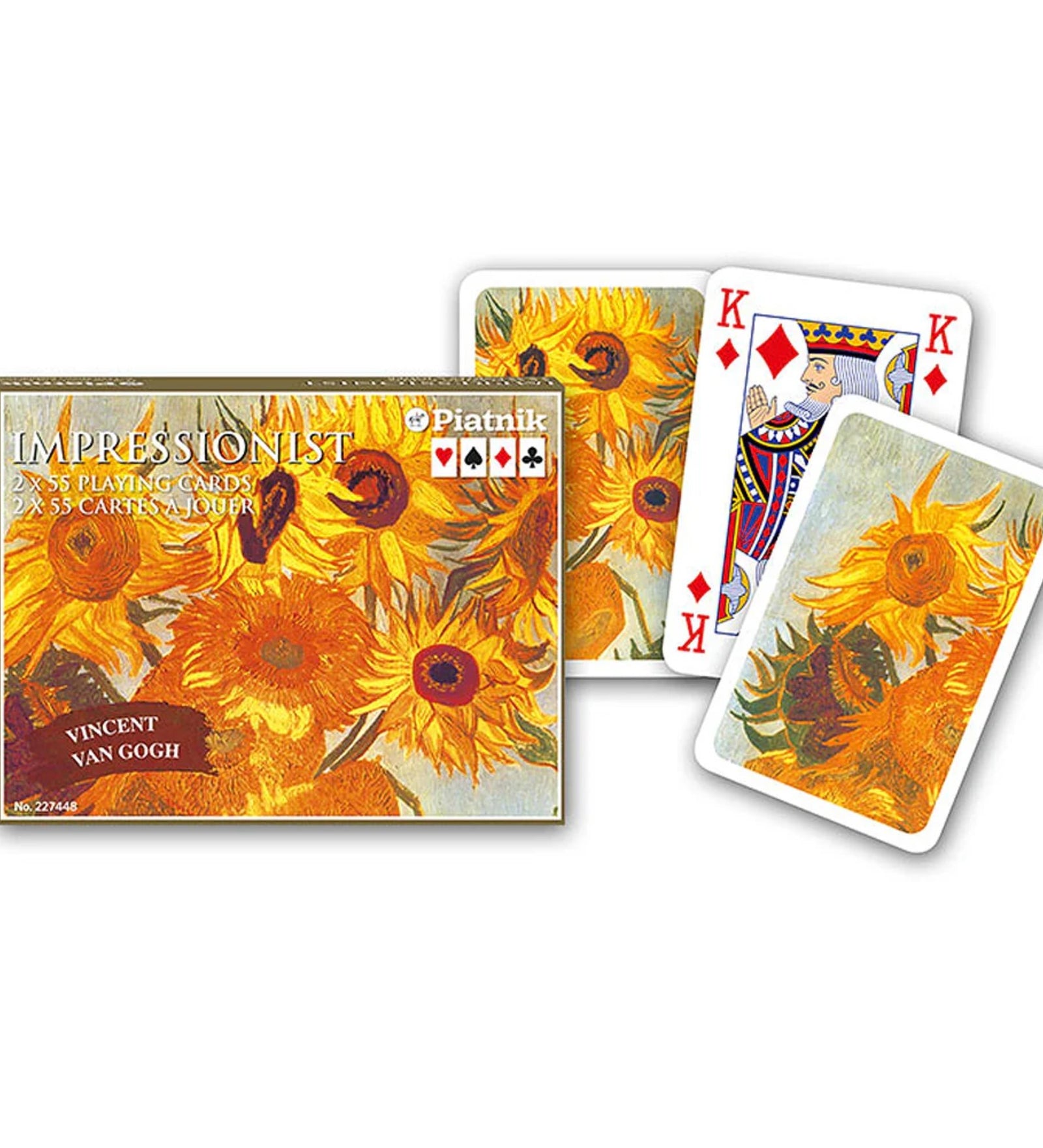 Francia kártya 2x55-ös „Van Gogh Sunflowers” készlet díszdobozzal, napraforgós impresszionista festményeket ábrázoló élénk művészeti grafikákkal.