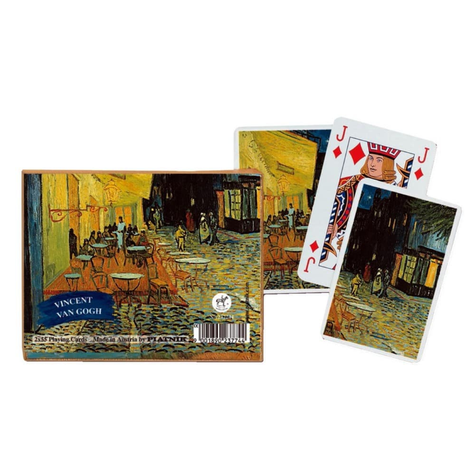 Vincent van Gogh tematikájú francia kártya készlet (2x55 lap), híres festményekkel – köztük az Éjjeli kávézó hangulatos jelenetével – díszített lapokkal.