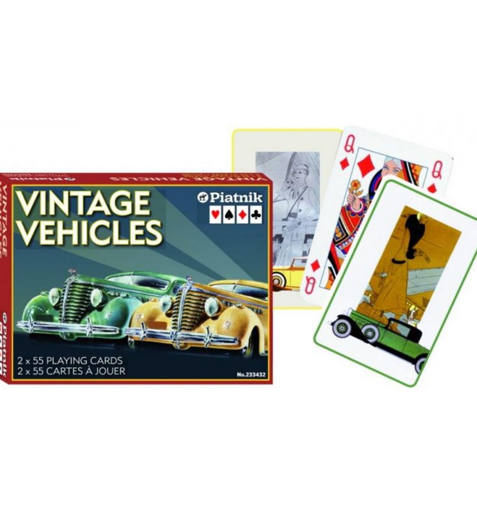 Francia kártya 2x55-ös „Vintage Vehicles” készlet díszdobozzal, klasszikus veterán autókat és retro járműveket ábrázoló grafikákkal díszített játékkártyákkal.