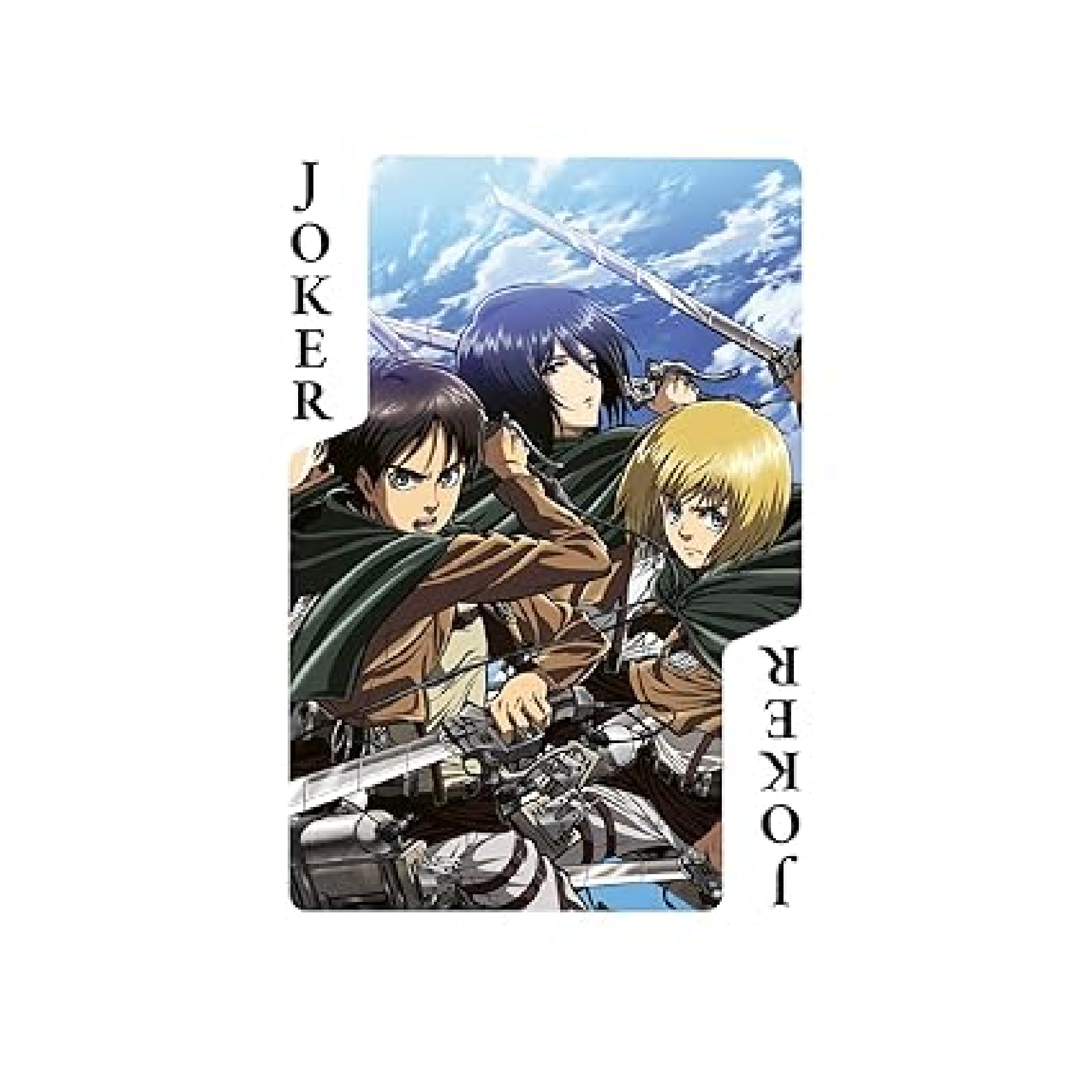 Attack on Titan tematikájú francia kártya Joker lapja, Eren Yeager, Mikasa Ackerman és Armin Arlert anime stílusú illusztrációjával, kardos harci jelenettel és felhős háttérrel.