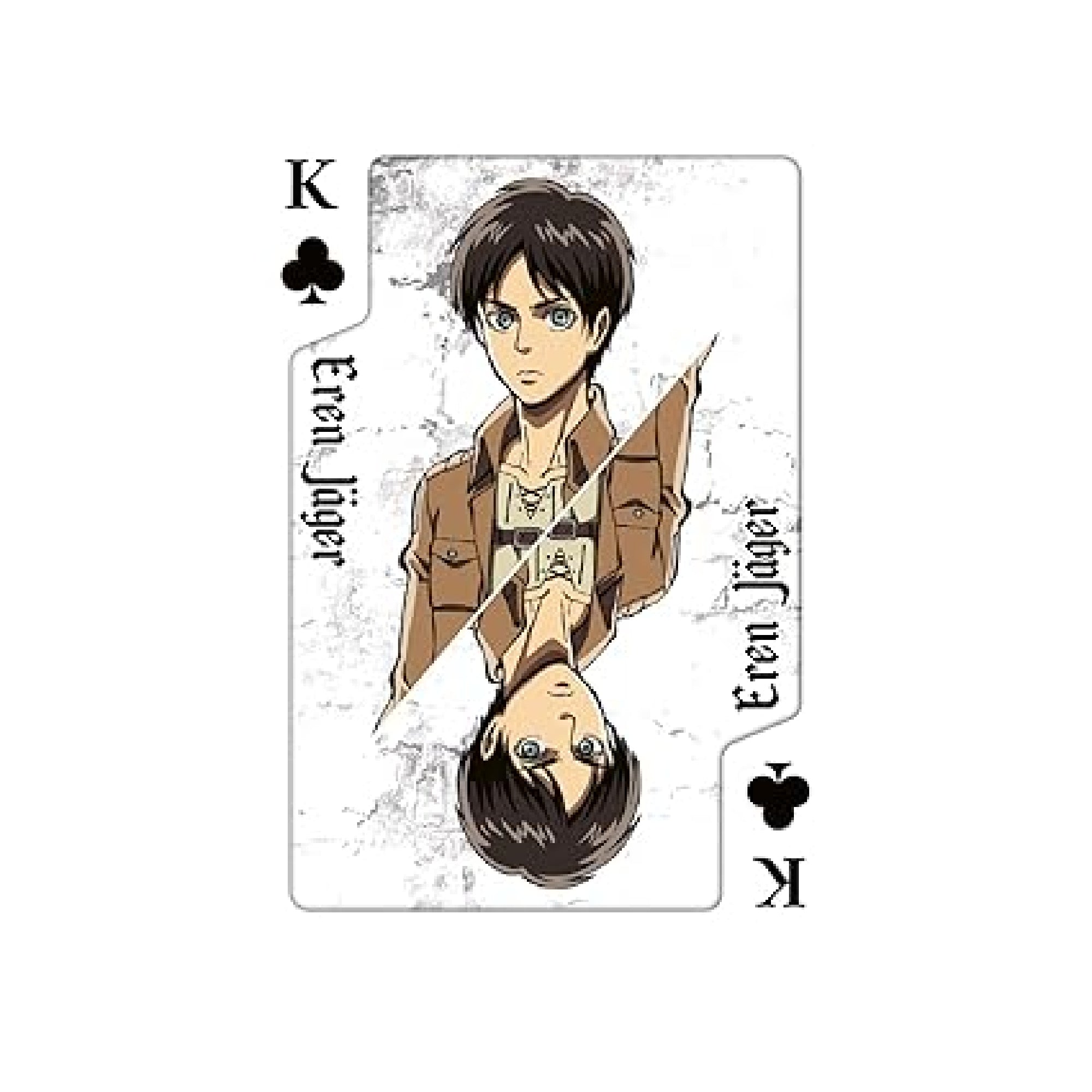 Attack on Titan francia kártya Király lapja, Eren Yeager karakterábrázolással, katonai öltözetben, fekete treff színnel és tükrözött portréelrendezéssel.