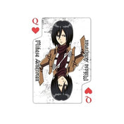 Attack on Titan francia kártya Dáma lapja, Mikasa Ackerman portréjával, barna katonai egyenruhában, piros szív színnel és karakternevével ellátva.