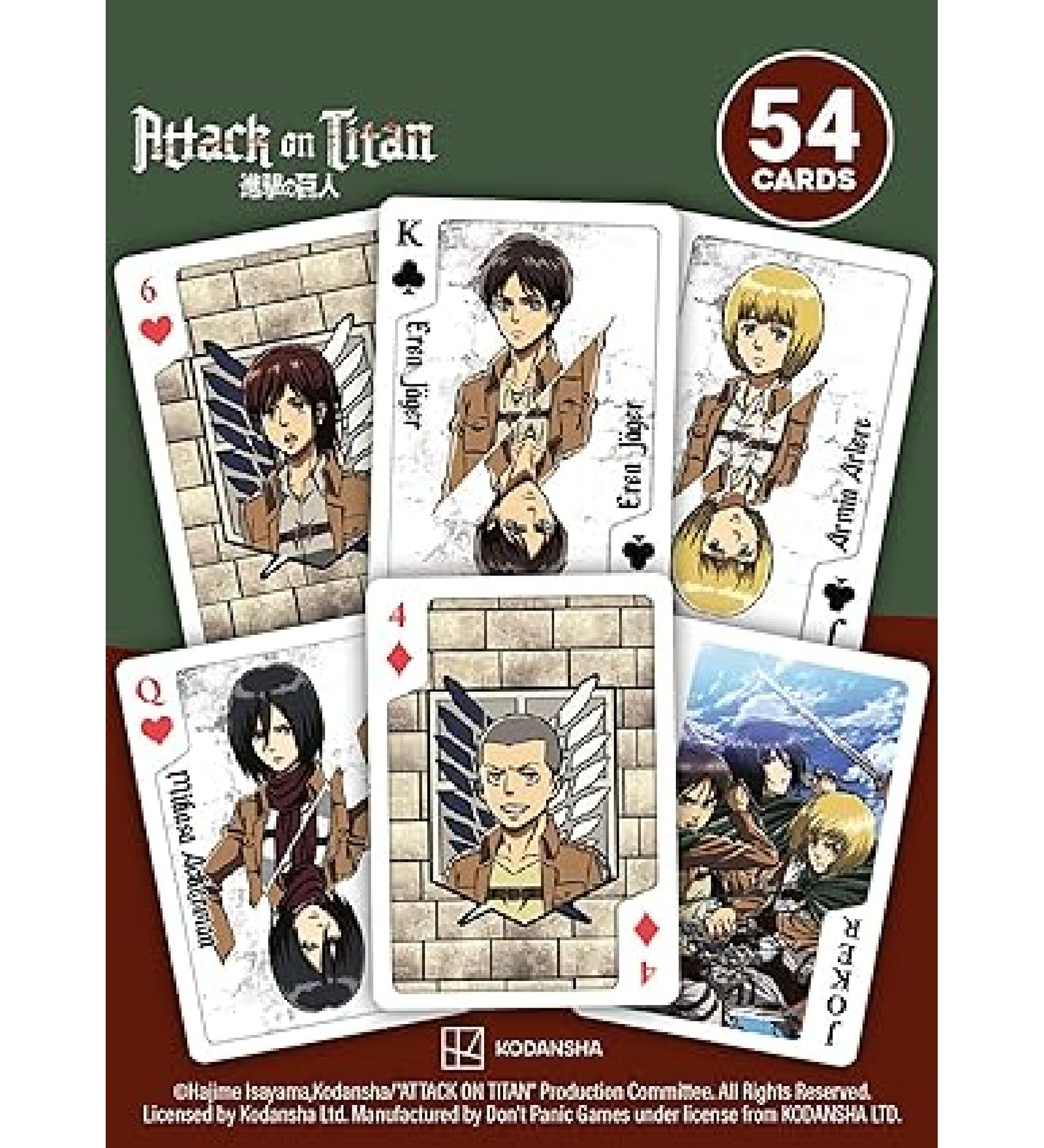 Attack on Titan francia kártyapakli több lapja kiterítve, különböző szám- és figurás kártyákkal, anime karakterek portréival és falmotívumos háttérrel.
