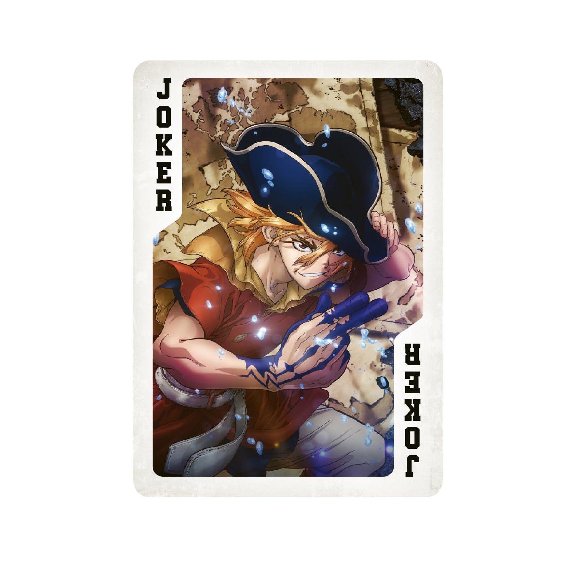 Dr. Stone francia kártya Joker lapja, bohókás, akciódús anime illusztrációval, kalapos karakterrel, energiát sugárzó mozdulattal és „Joker” felirattal a kártya szélén.