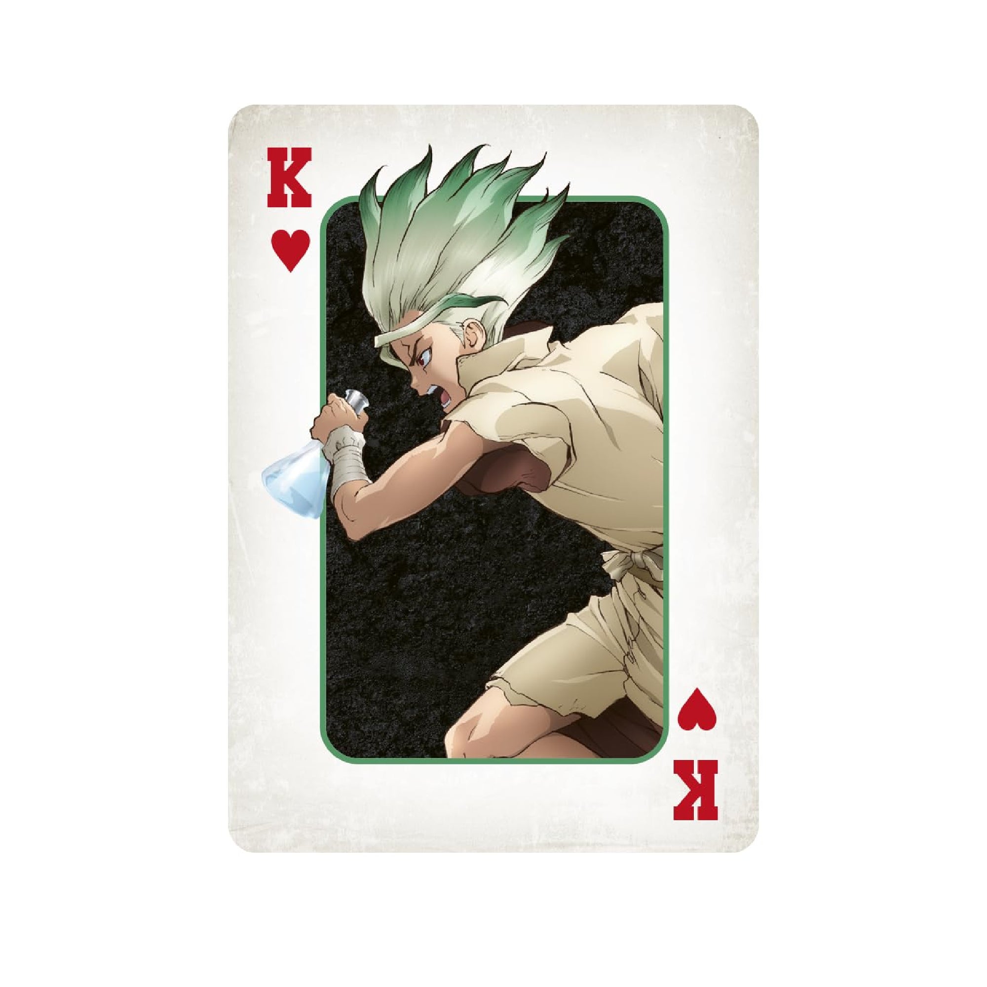 Dr. Stone tematikájú francia kártya Király lapja, Senku Ishigami anime karakterével, lendületes mozdulat közben, lombikos kellékkel, piros szív színnel és texturált világos kártyaháttérrel.