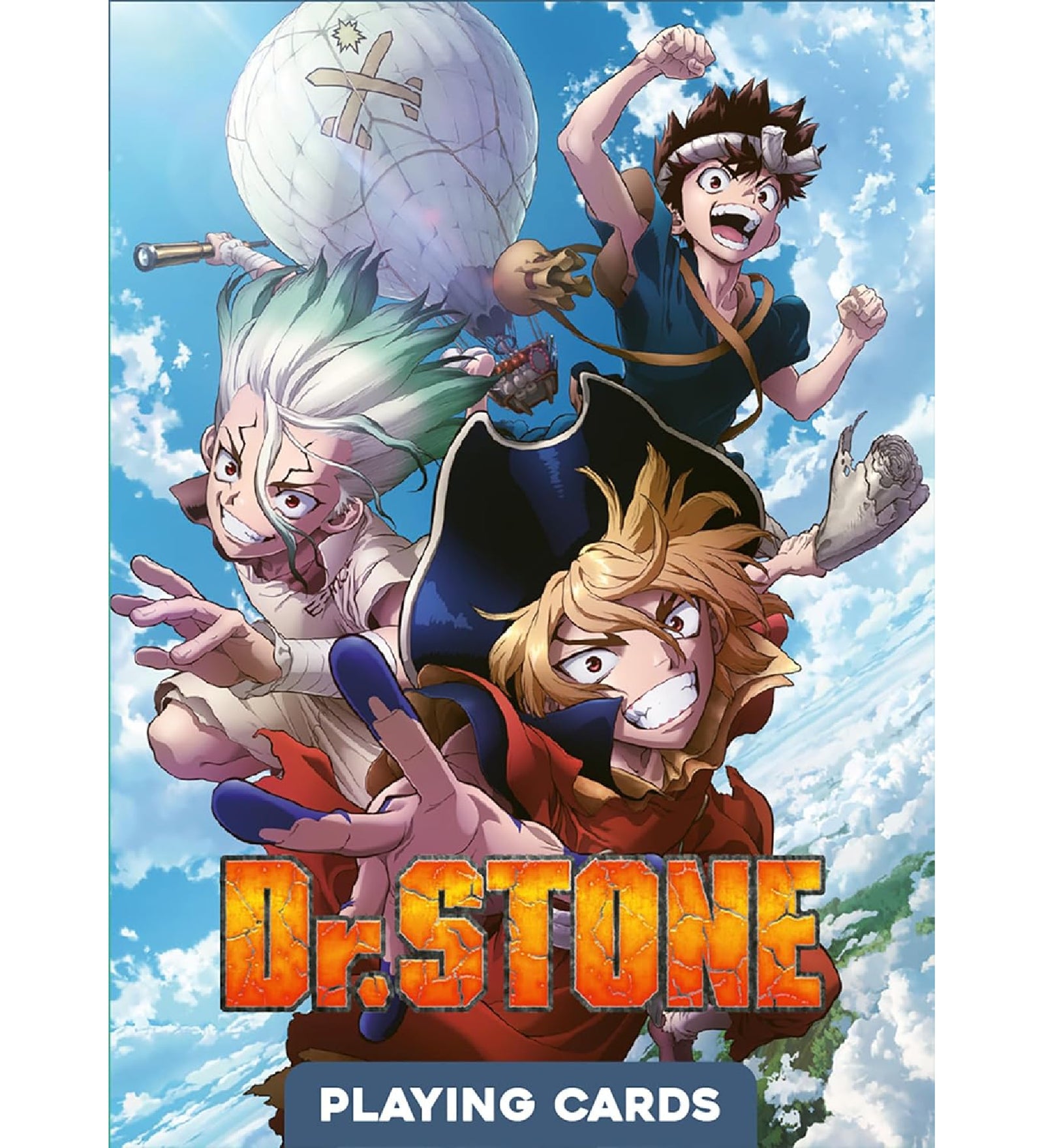 Dr. Stone manga francia kártya dobozának elölnézeti borítója, dinamikus anime jelenettel, több főszereplővel, „Playing Cards” felirattal és élénk színekkel.
