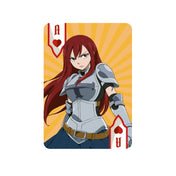 Fairy Tail francia kártya Ász lapja, Erza Scarlet karakterrel, páncélos öltözetben, sárga sugármintás háttérrel és piros szív színjelzéssel.