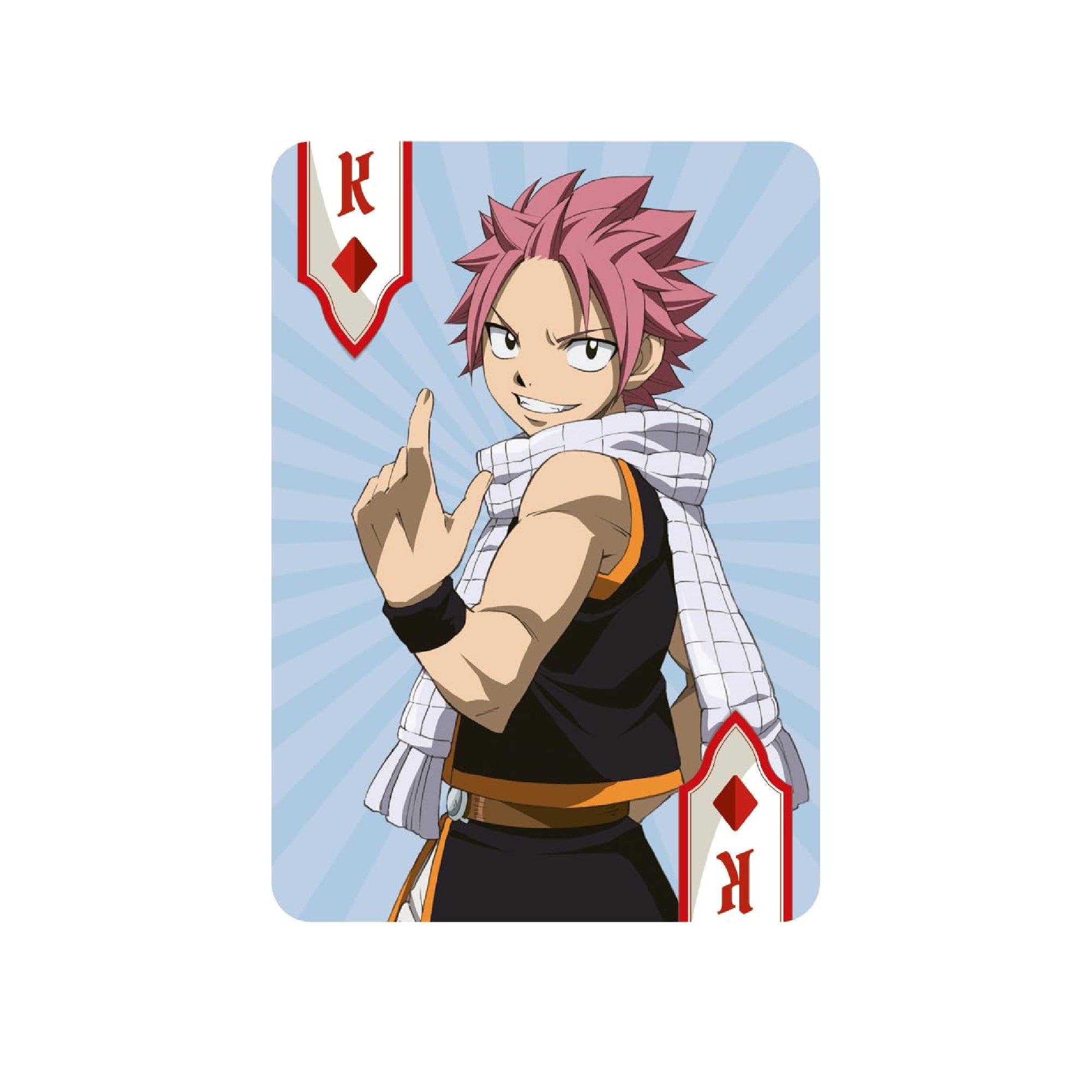 Fairy Tail tematikájú francia kártya Király lapja, Natsu Dragneel karakterrel, kék sugármintás háttér előtt, piros káró színnel és ikonikus fehér sállal.