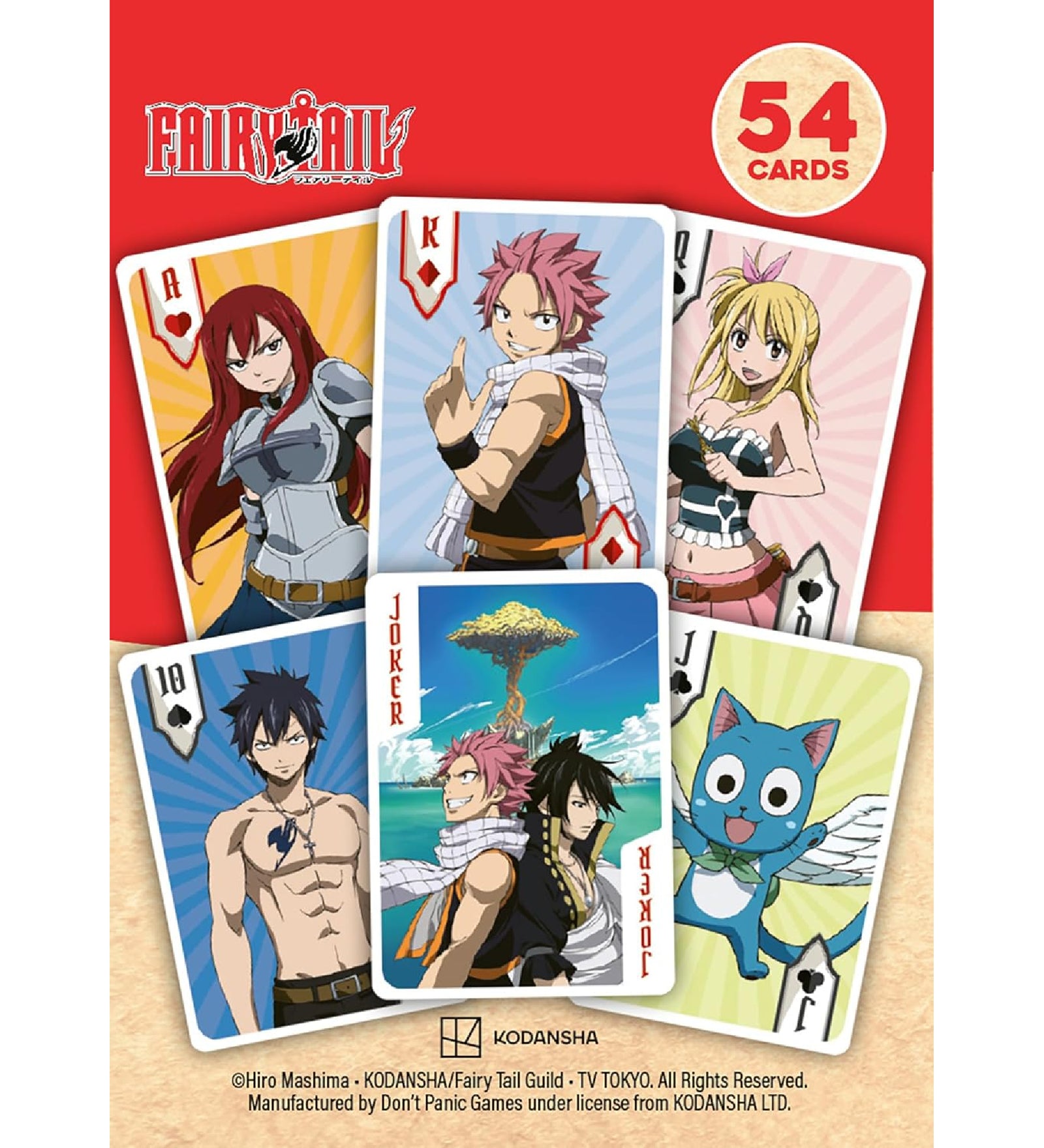 Fairy Tail tematikájú francia kártyapakli több lapja egy képen, Ace, King, Queen és Joker kártyákkal, ismert anime karakterekkel, piros háttérrel és „54 cards” jelöléssel.