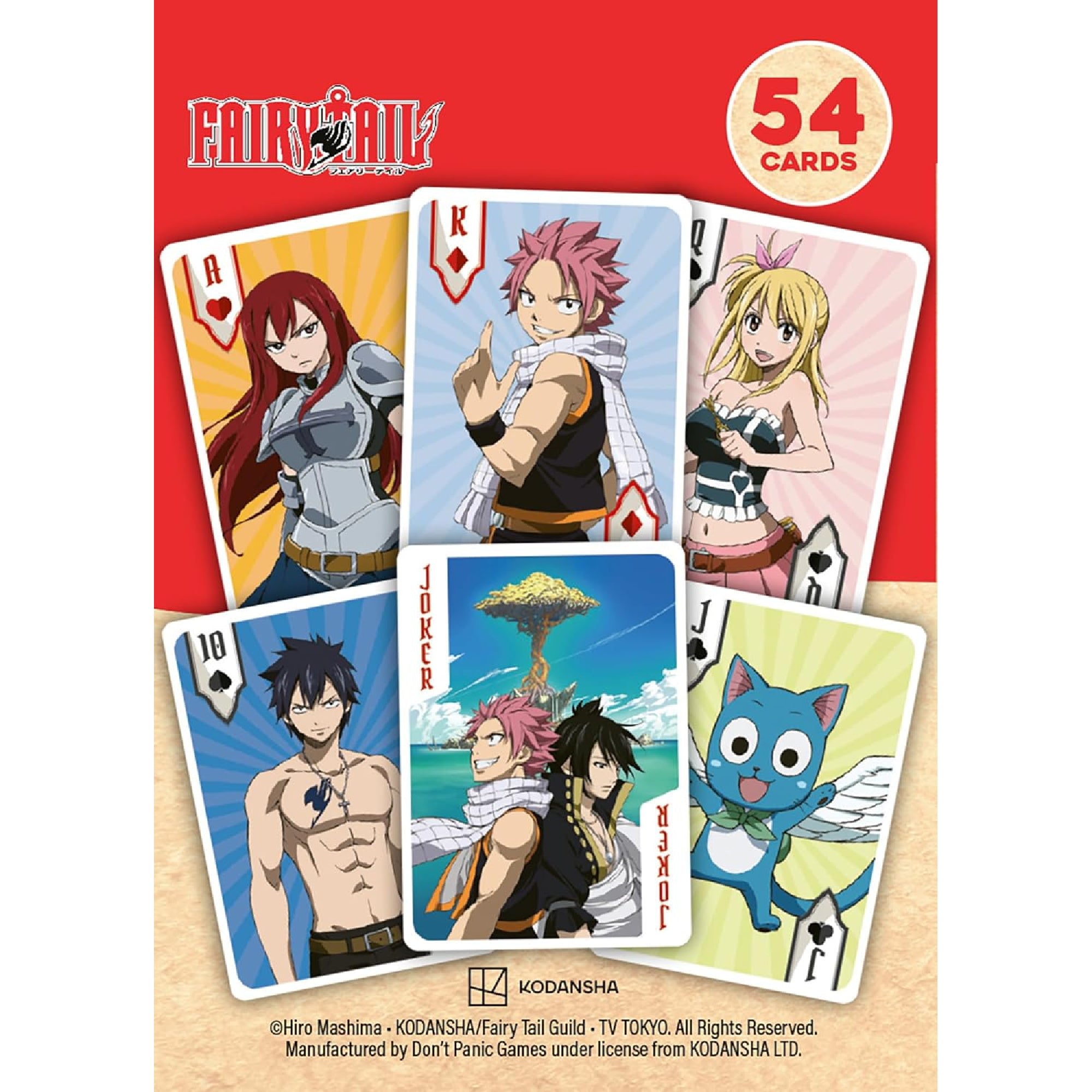 Fairy Tail tematikájú francia kártyapakli több lapja egy képen, Ace, King, Queen és Joker kártyákkal, ismert anime karakterekkel, piros háttérrel és „54 cards” jelöléssel.