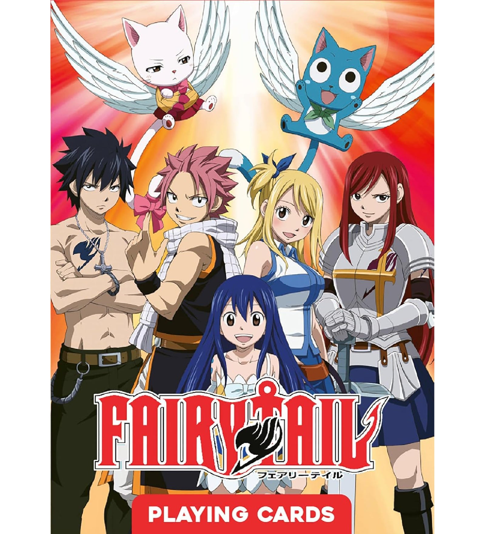 Fairy Tail manga francia kártyapakli dobozának elölnézeti borítója, a főszereplő csapat teljes alakos anime illusztrációjával, élénk színekkel és „Playing Cards” felirattal.