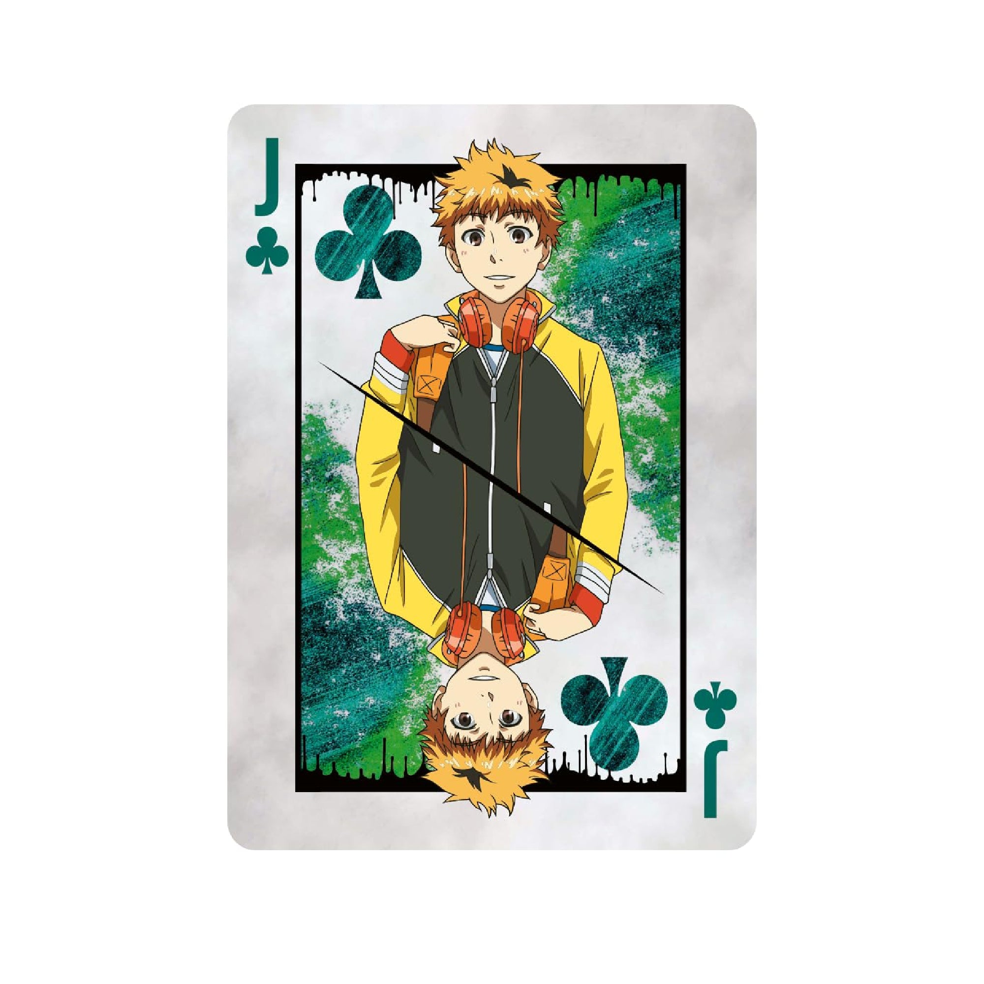 Tokyo Ghoul francia kártya Bubi lapja, fiatal férfi anime karakterrel sárga dzsekiben és fejhallgatóval, zöld festékhatásos háttérrel és tükrözött elrendezéssel.