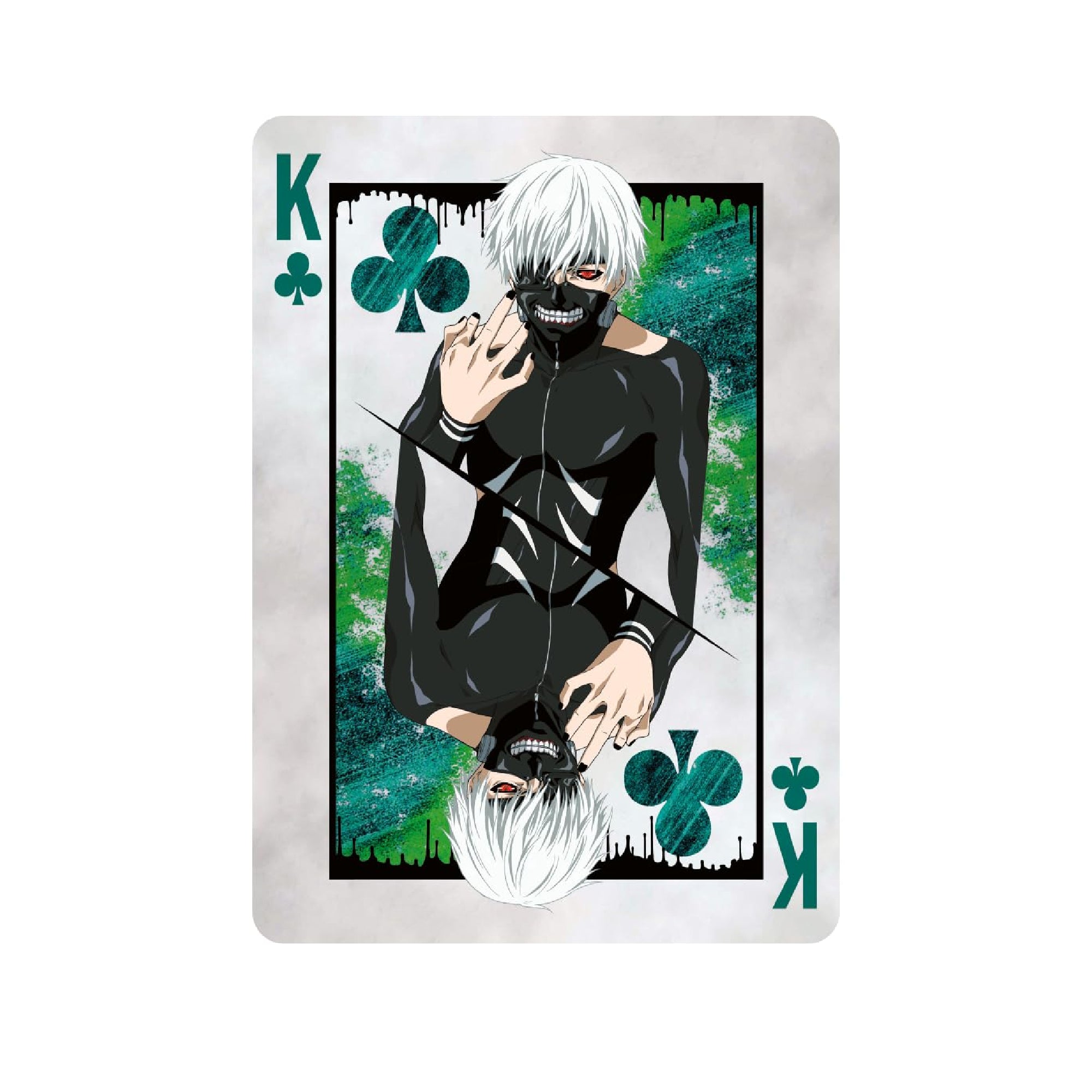 Tokyo Ghoul tematikájú francia kártya Király lapja, Ken Kaneki karakterrel fekete ruhában és maszkban, zöldes-fekete háttérrel, treff színjelzéssel és kontrasztos dizájnnal.