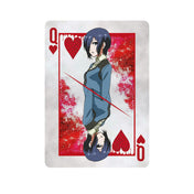 Tokyo Ghoul francia kártya Dáma lapja, női anime karakterrel oldalsó nézetben, piros szív színnel, vörös festékhatásos háttérrel és tükrözött portréelrendezéssel.