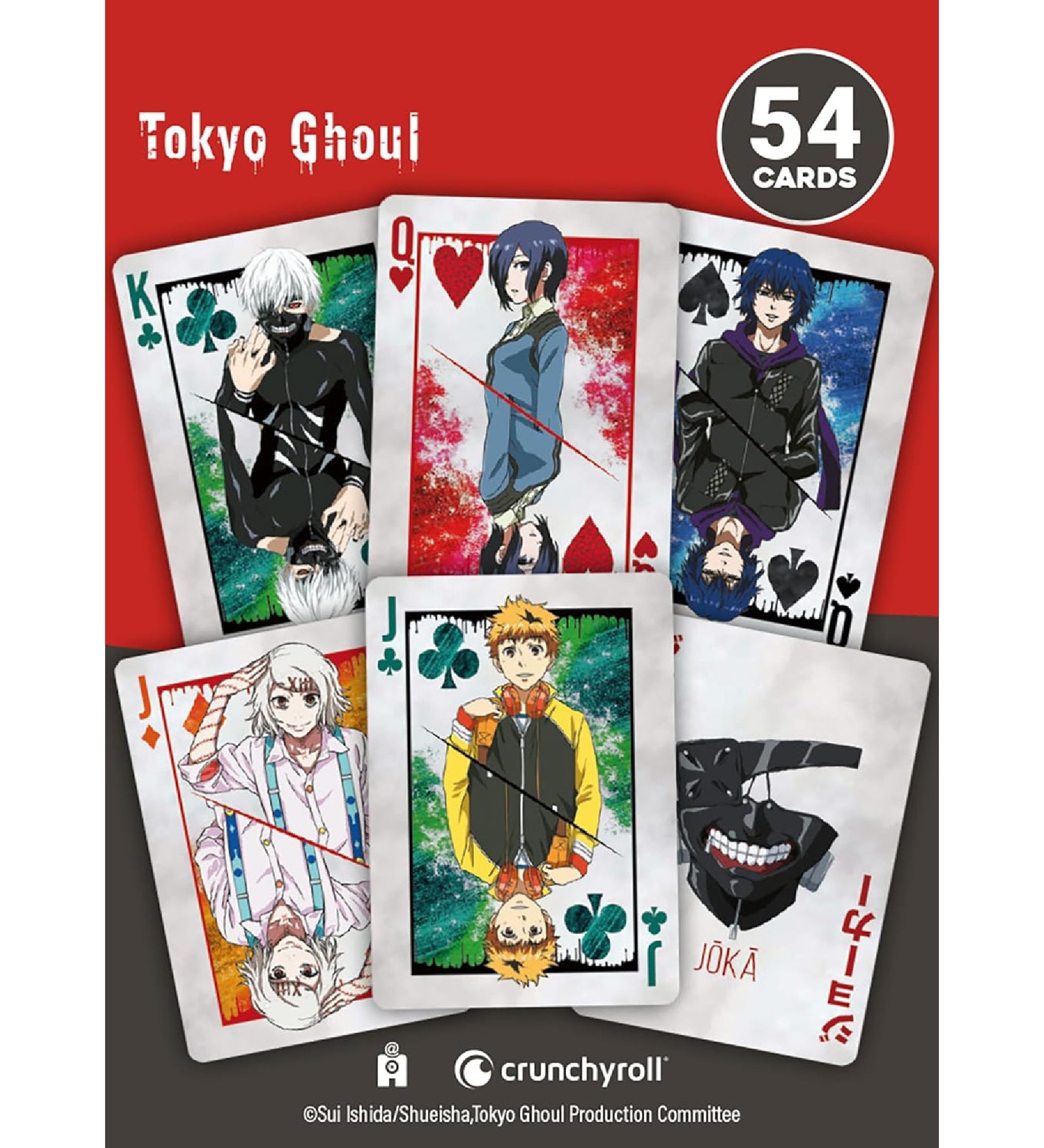 Tokyo Ghoul tematikájú francia kártyapakli több lapja egy képen, Király, Dáma, Bubi és Joker kártyákkal, különböző anime karakterportrékkal, piros háttérrel és „54 cards” jelöléssel.