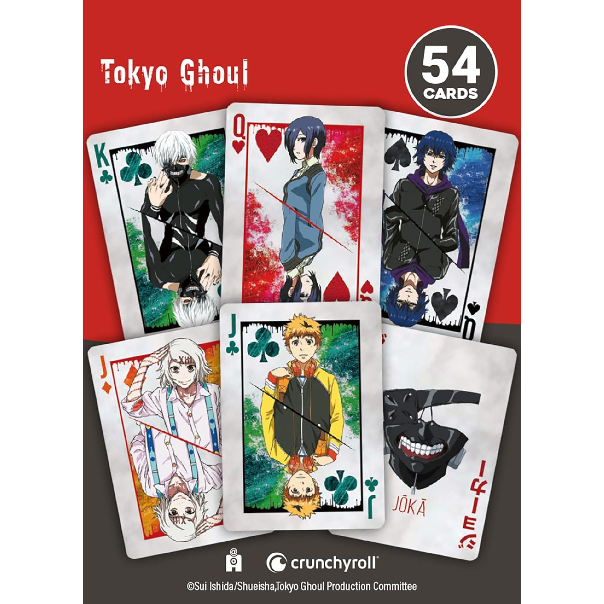 Tokyo Ghoul tematikájú francia kártyapakli több lapja egy képen, Király, Dáma, Bubi és Joker kártyákkal, különböző anime karakterportrékkal, piros háttérrel és „54 cards” jelöléssel.