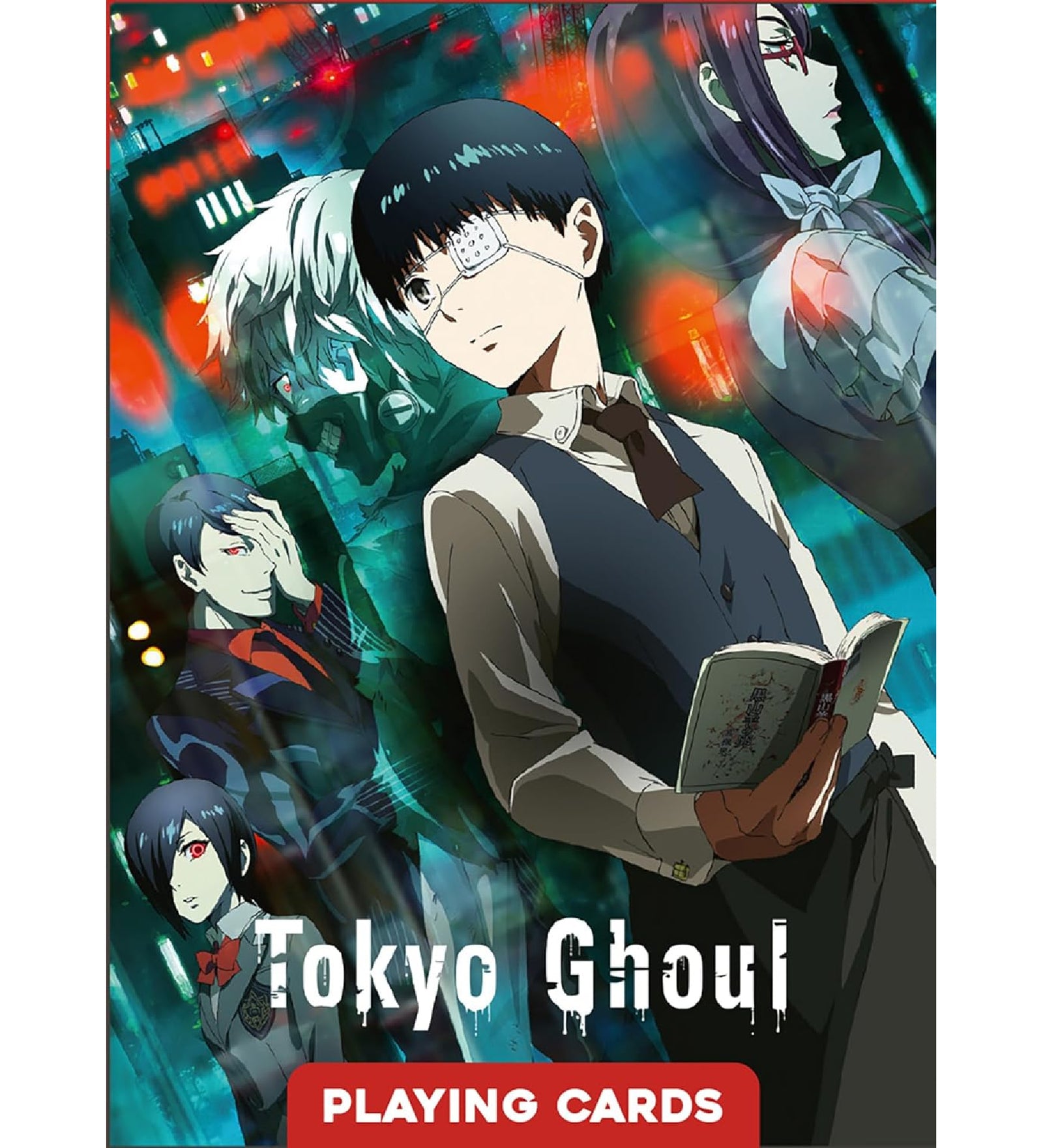 Tokyo Ghoul francia kártyapakli dobozának elölnézeti borítója, több főszereplőt ábrázoló sötét anime grafikával, városi éjszakai háttérrel és „Playing Cards” felirattal.