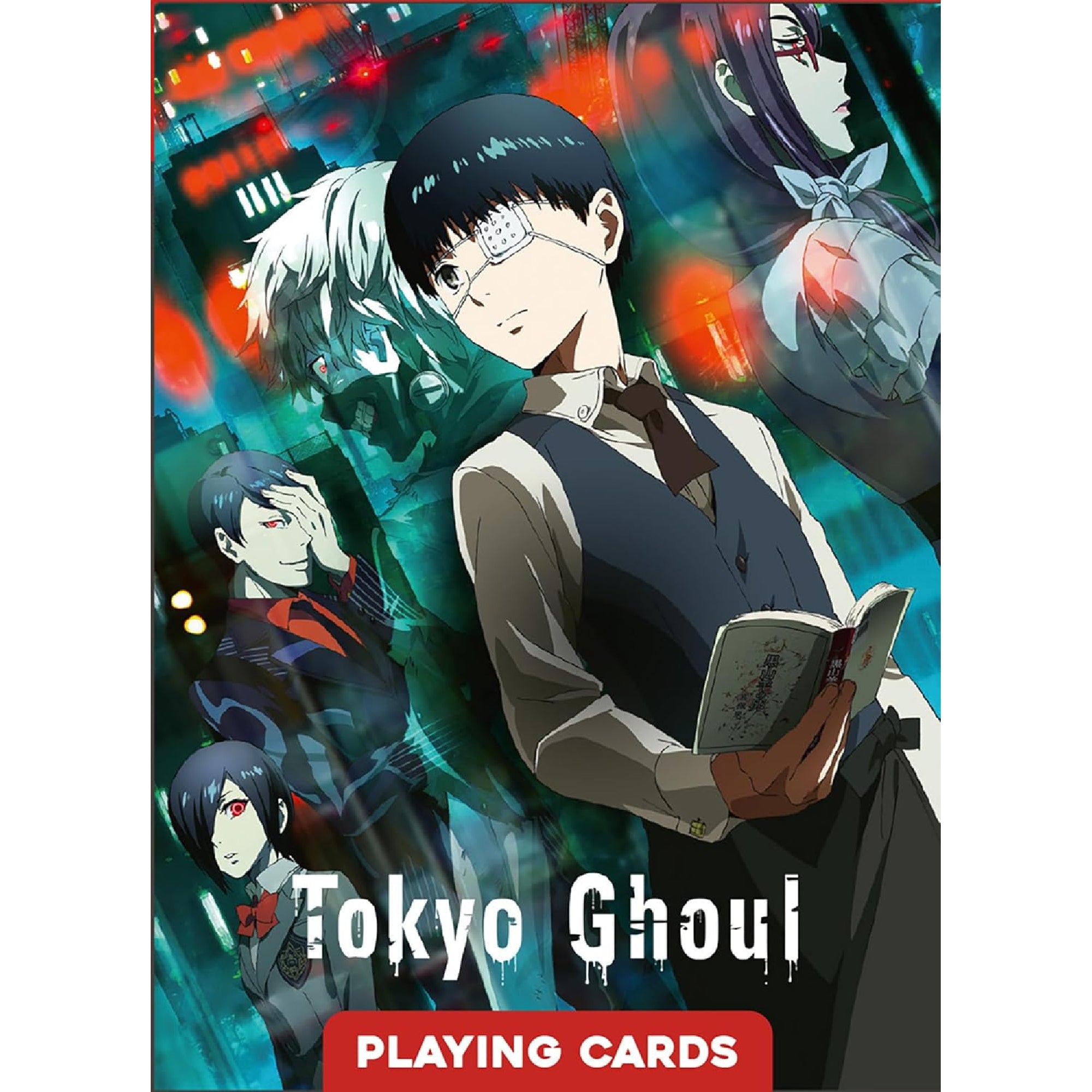 Tokyo Ghoul francia kártyapakli dobozának elölnézeti borítója, több főszereplőt ábrázoló sötét anime grafikával, városi éjszakai háttérrel és „Playing Cards” felirattal.